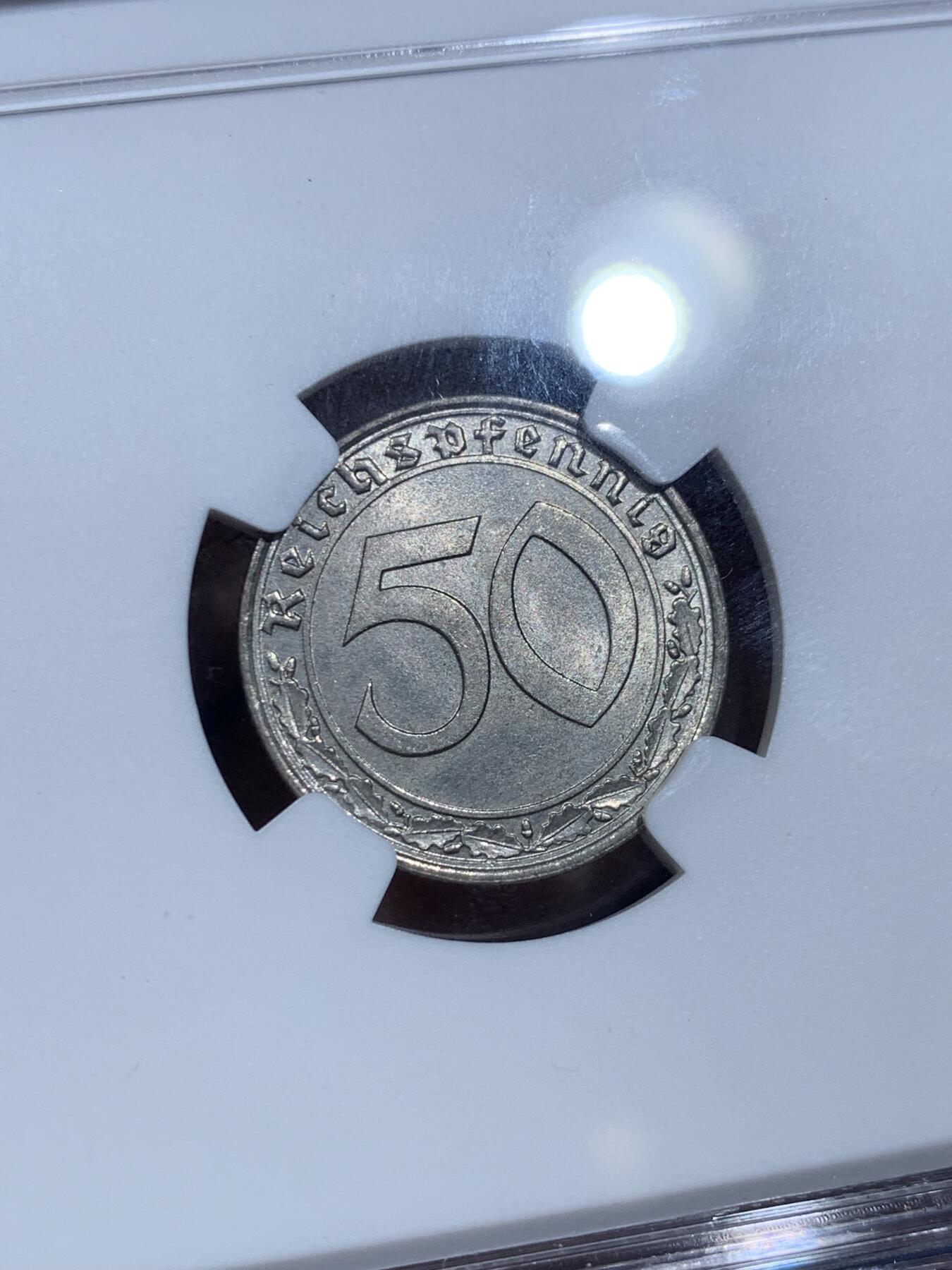 《竞宝斋》第356场 周日，周一  2场连拍 （全场包邮） NGC MS65 德国 1938年 50芬尼 冠军分！ 坦克币 镍币 车轮转光 ngc水晶盒 小名誉品 换藏出