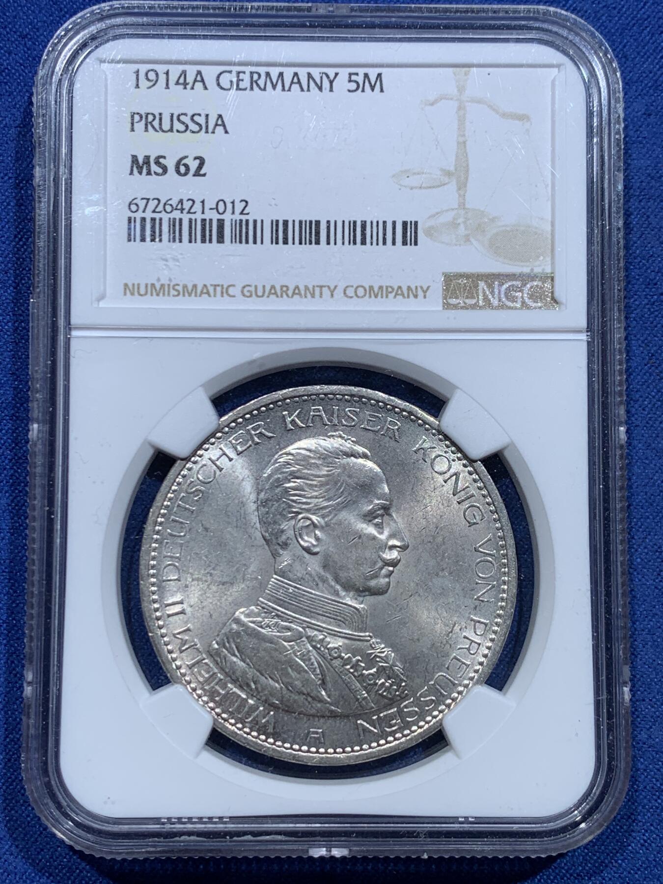《竞宝斋》第356场 周日，周一  2场连拍 （全场包邮） NGC MS62 德国 1914年 威廉二世5马克银币（一战开打年份，威二的关门年份比1913少见，底板光洁转光优秀）
