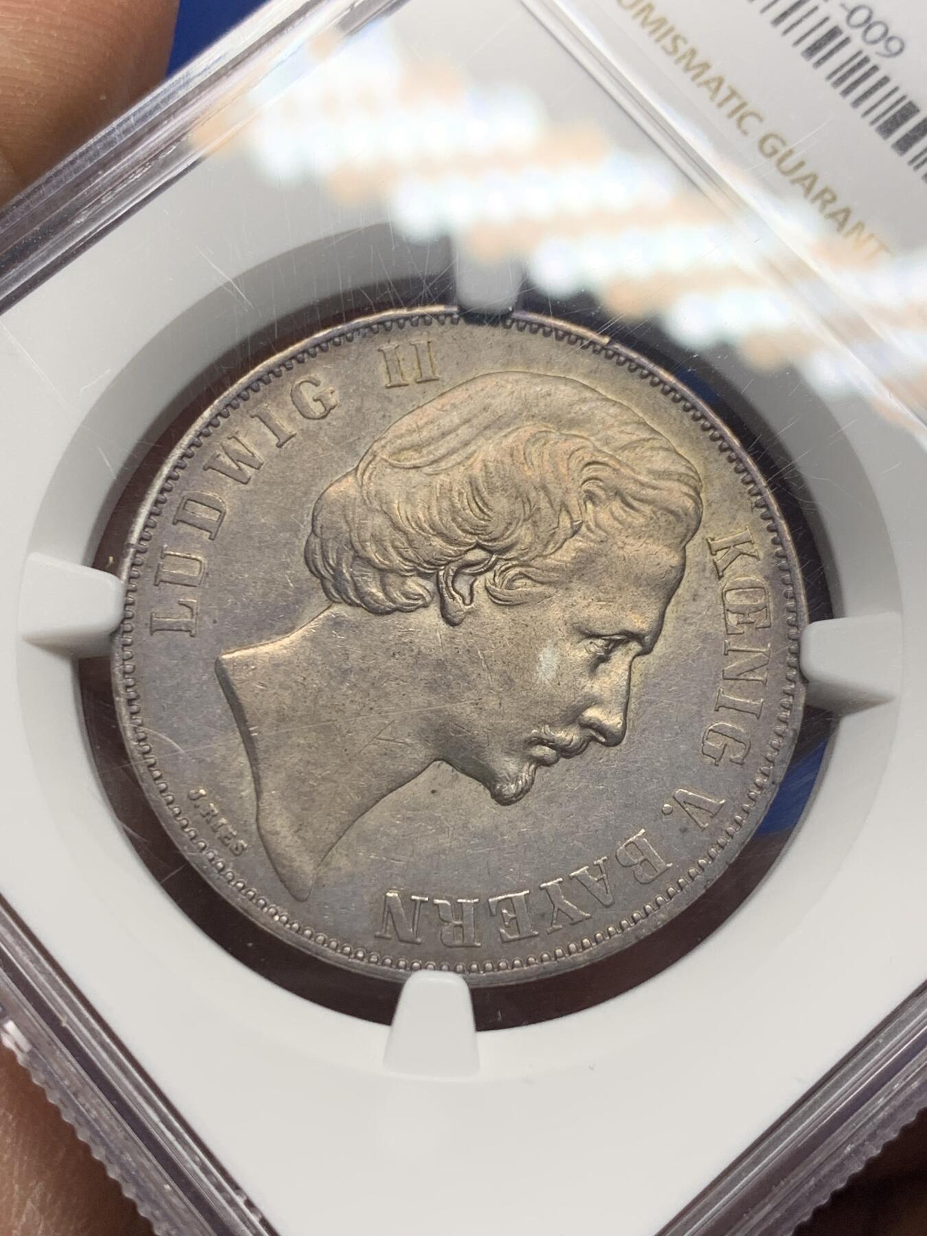 《竞宝斋》第356场 周日，周一  2场连拍 （全场包邮） NGC AU58 德国1871年巴伐利亚胜利泰勒，币面细节不错，NGC上海严评。