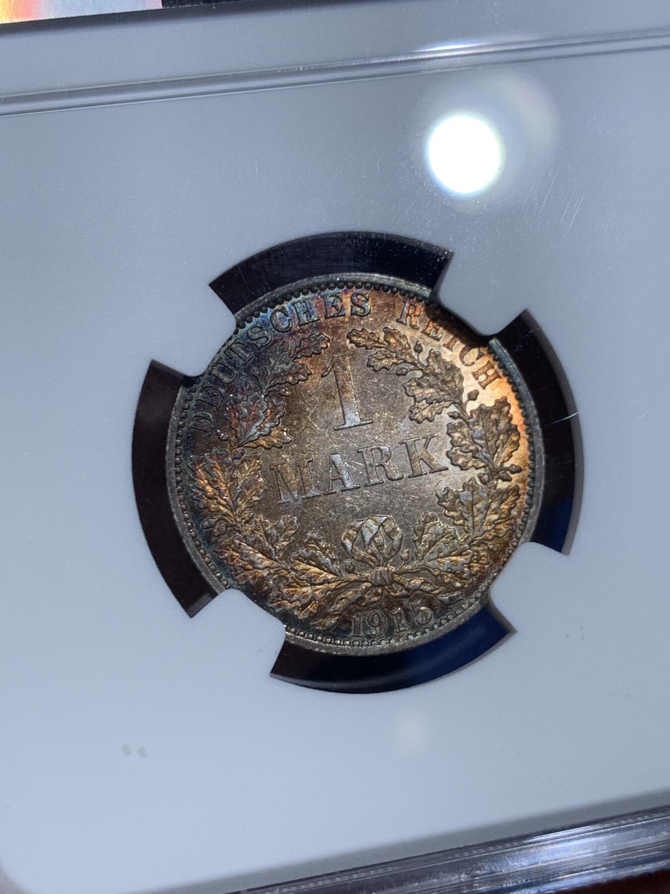 《竞宝斋》第356场 周日，周一  2场连拍 （全场包邮） NGC MS62 德国1915年1马克 双面环绕淡彩十分美丽