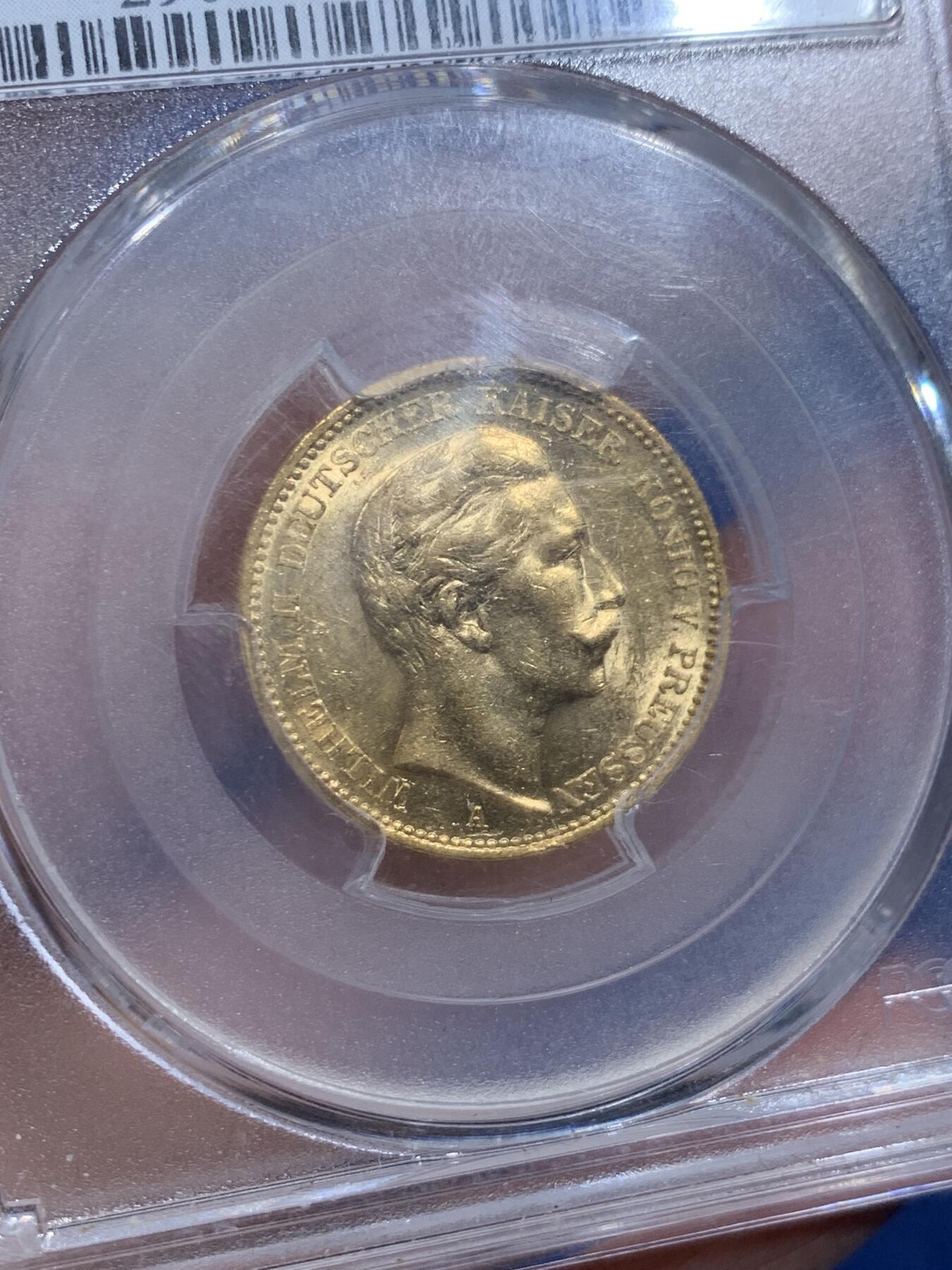 《竞宝斋》第356场 周日，周一  2场连拍 （全场包邮） PCGS AU58 德国1902年普鲁士威廉二世国王长翅20马克金币 7.965克 痕迹柔和 非常漂亮