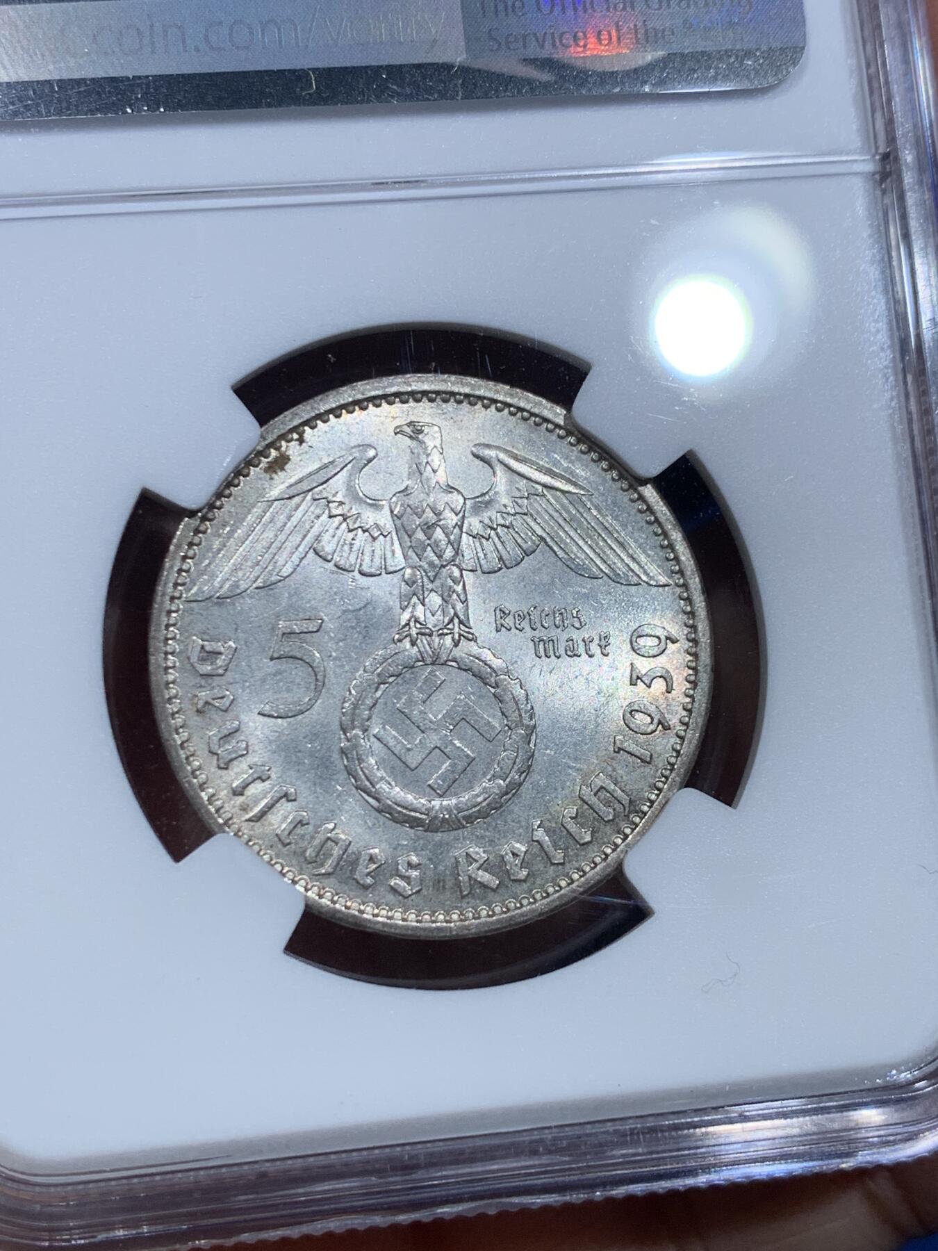 《竞宝斋》第356场 周日，周一  2场连拍 （全场包邮） NGC MS61 德国1939年A版兴登堡5马克银币 人像面霓虹彩 非常漂亮