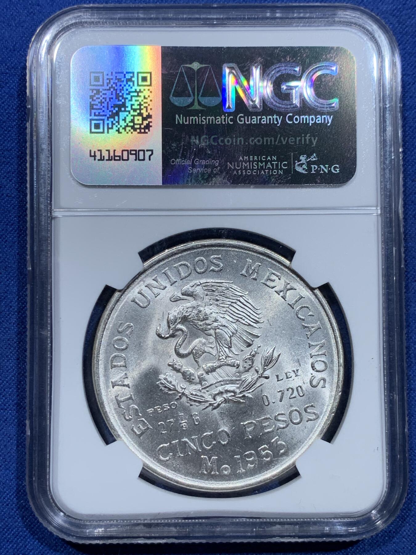 《竞宝斋》第356场 周日，周一  2场连拍 （全场包邮） NGC MS65 墨西哥1953年5比索大银币，此品种出65高分不容易，热门品种！