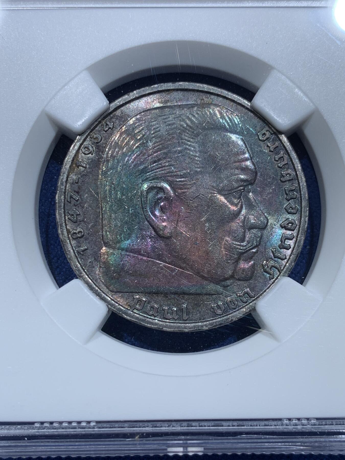 《竞宝斋》第356场 周日，周一  2场连拍 （全场包邮） NGC MS61 德国1939年A版兴登堡5马克银币 人像面霓虹彩 非常漂亮