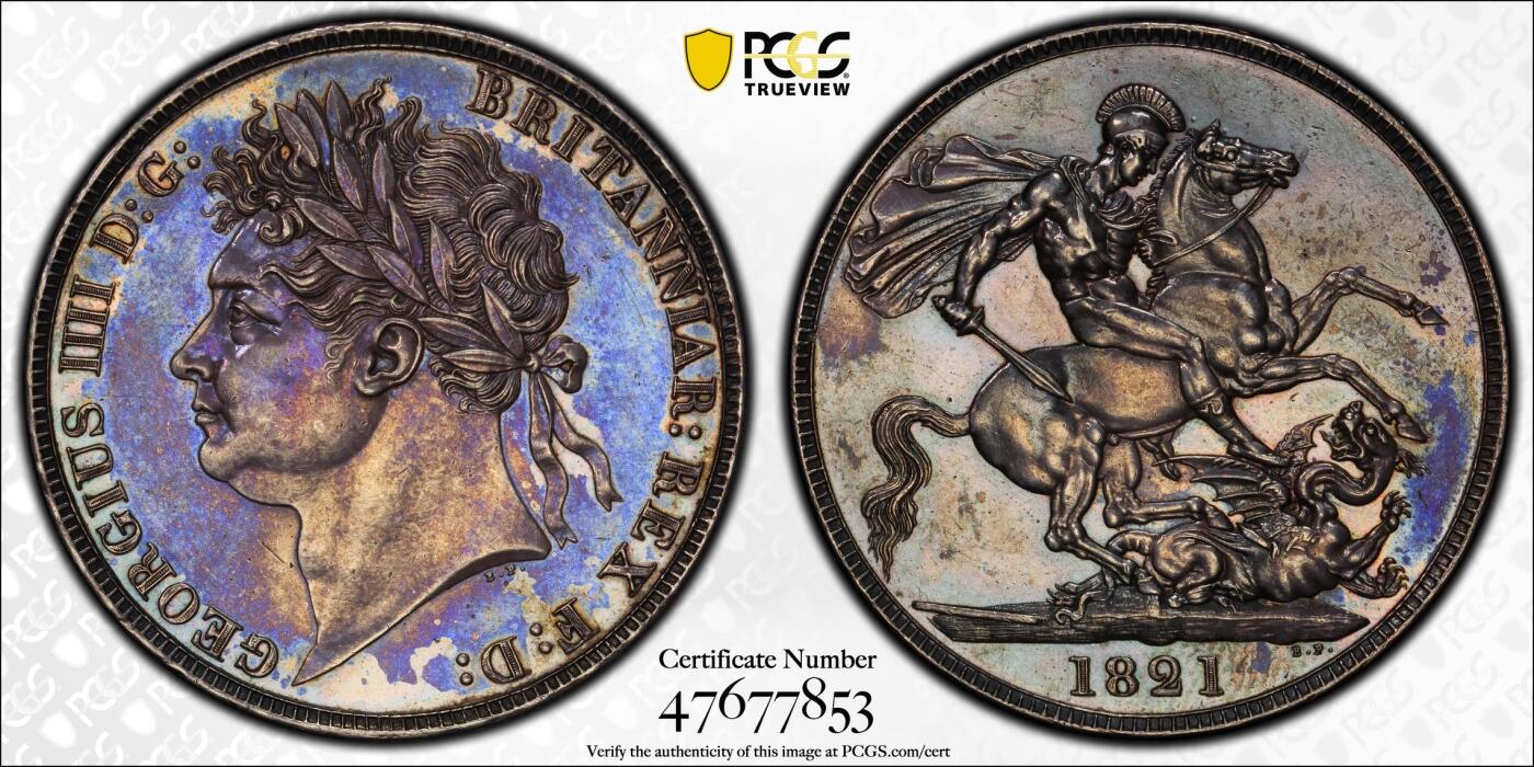 《竞宝斋》第356场 周日，周一  2场连拍 （全场包邮） PCGS AU58 英国乔治四世马剑克朗银币 紫黑色包浆 细节很不错 基本无磨损 包浆较厚才给了58 如果犹豫BU级的高价格 这颗58绝对是好选择