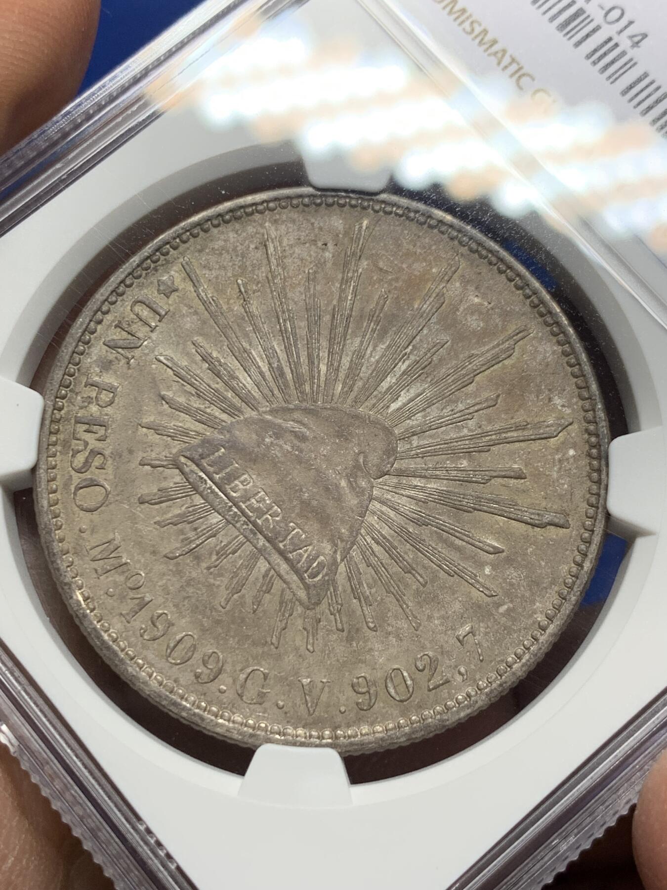 《竞宝斋》第356场 周日，周一  2场连拍 （全场包邮） NGC MS63 墨西哥1909年直边鹰洋 非白币 少见原味高分