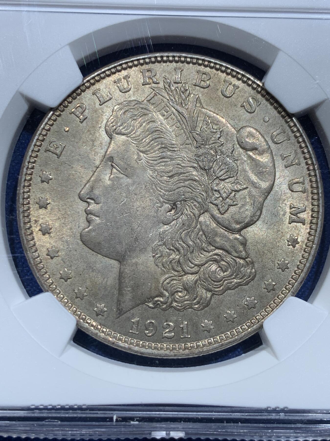 《竞宝斋》第356场 周日，周一  2场连拍 （全场包邮） NGC MS63 美国1921年摩根银币，包浆均匀，BU好品。