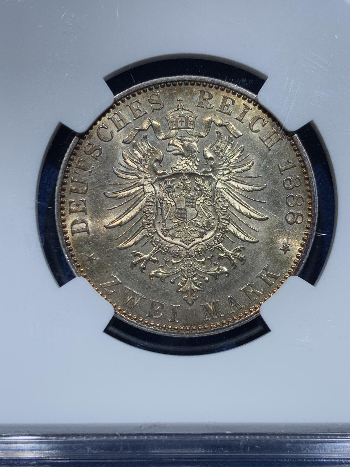 《竞宝斋》第356场 周日，周一  2场连拍 （全场包邮） NGC MS61 德国普鲁士1888年“三皇年”弗里德里希三世短翅鹰2马克银币
