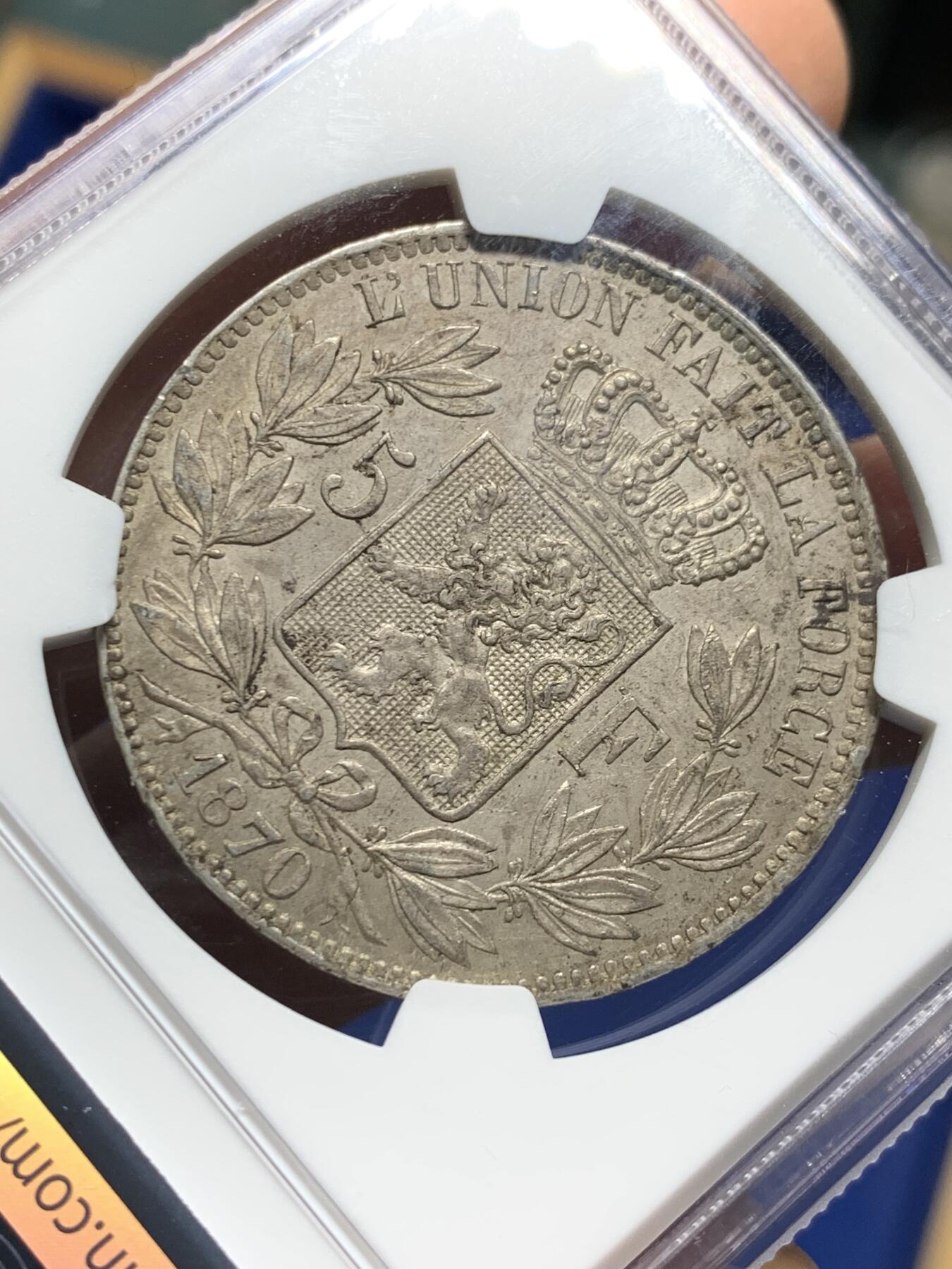 《竞宝斋》第356场 周日，周一  2场连拍 （全场包邮） NGC MS62 比利时1870年利奥波德二世5法郎银币 上MS62的现在也很少见了，年份也不错。