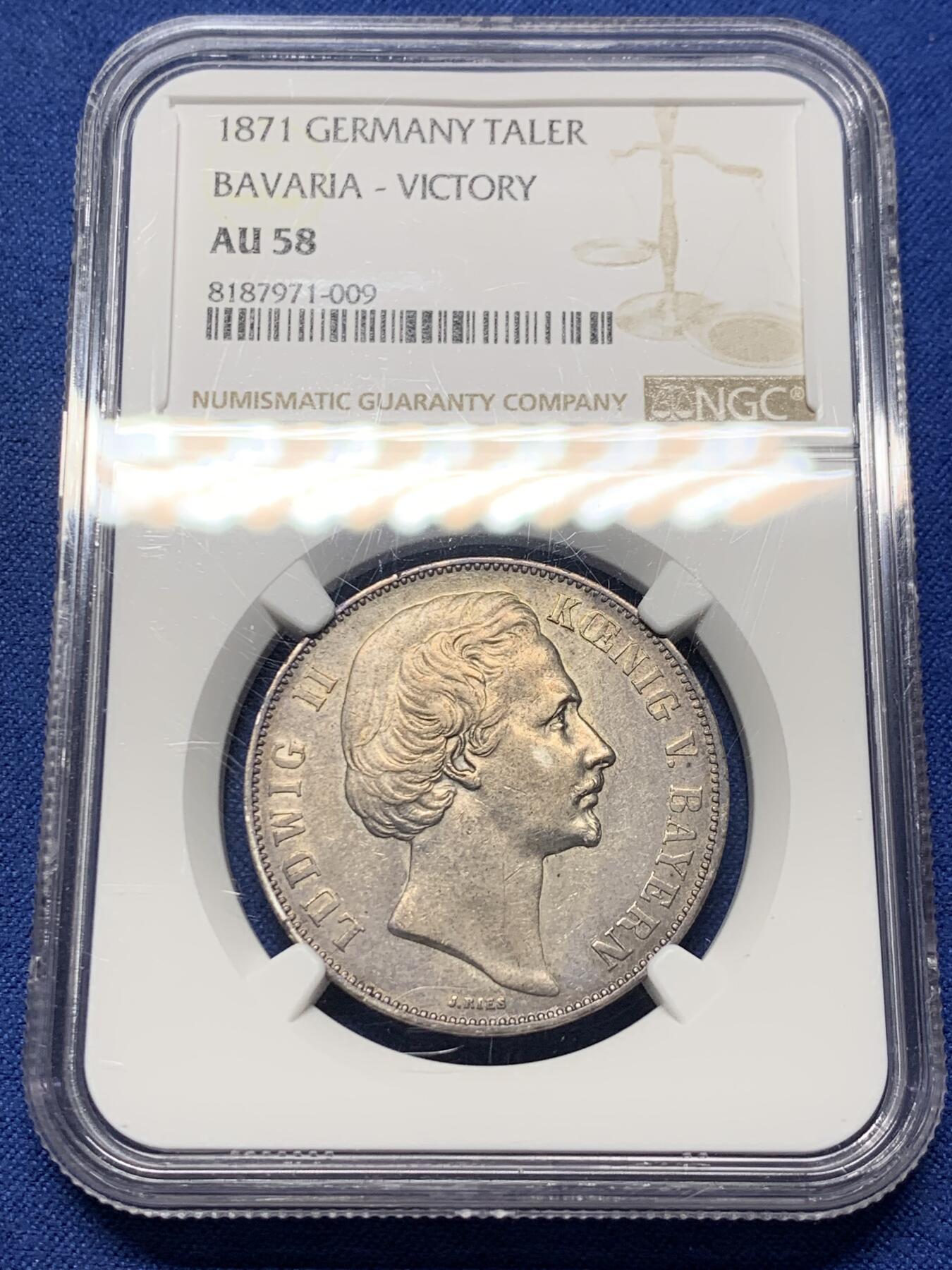 《竞宝斋》第356场 周日，周一  2场连拍 （全场包邮） NGC AU58 德国1871年巴伐利亚胜利泰勒，币面细节不错，NGC上海严评。
