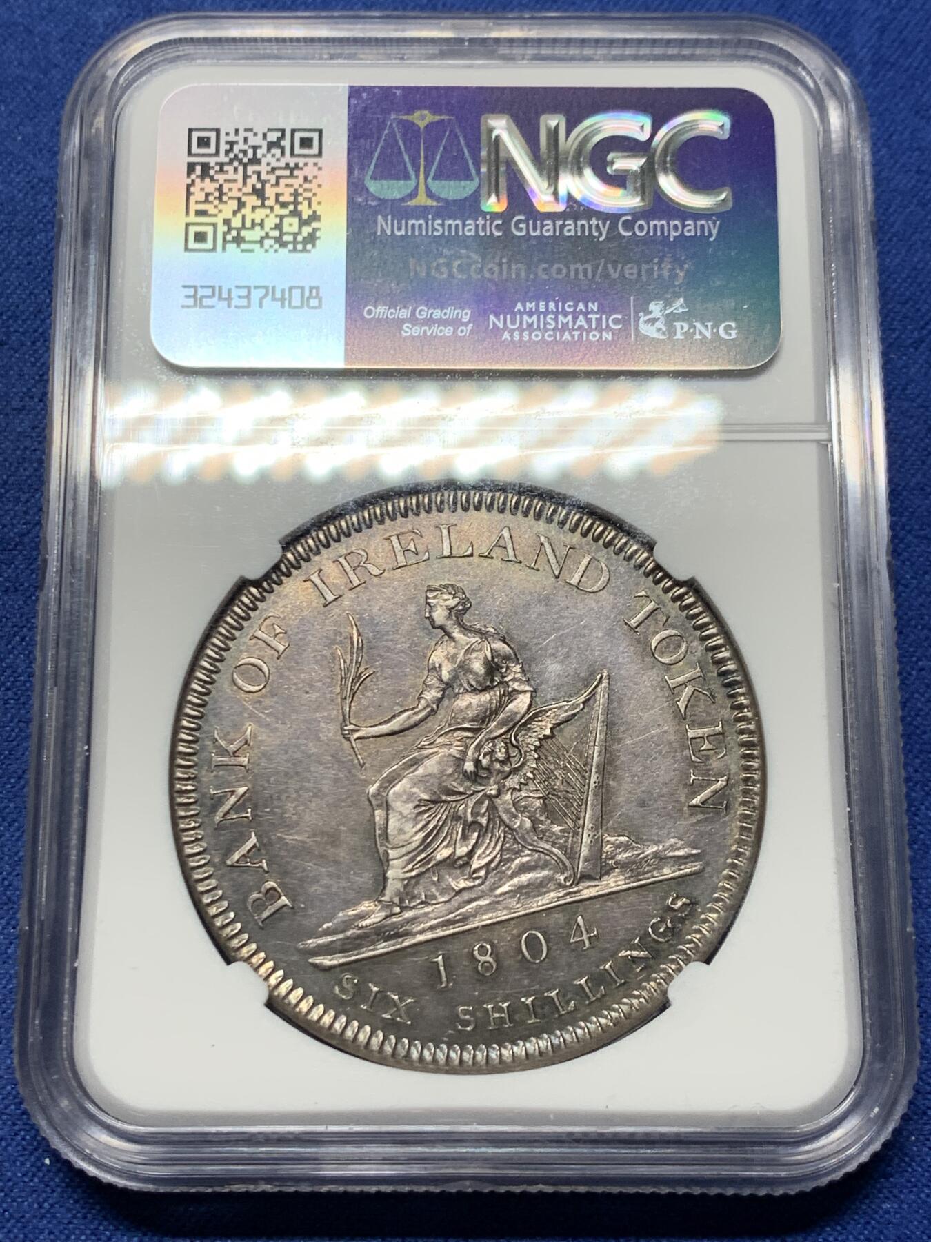 《竞宝斋》第356场 周日，周一  2场连拍 （全场包邮） NGC AUD 英国1804乔治三世爱尔兰银行6先令银质代币 非常少见的爱尔兰版本