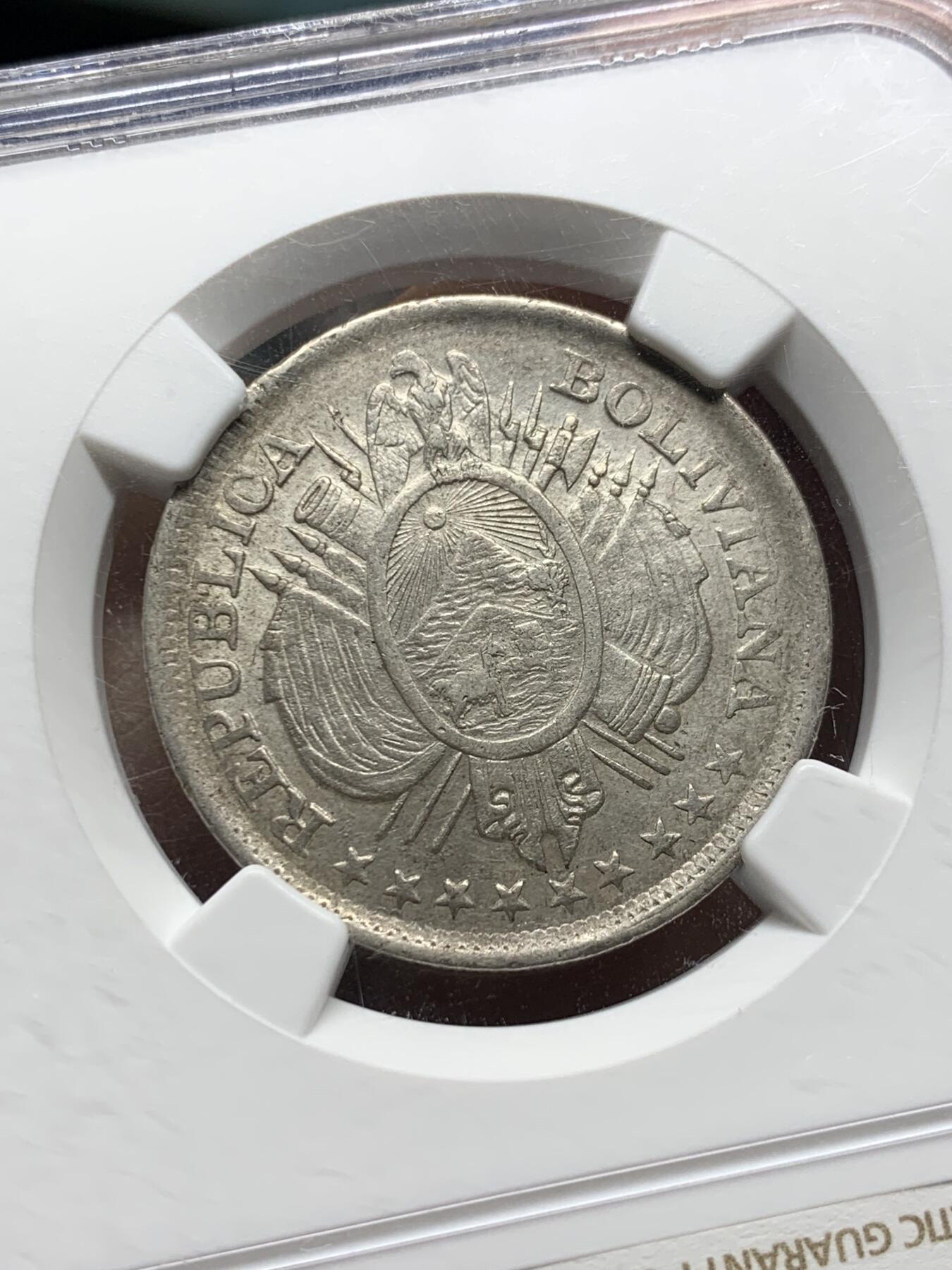《竞宝斋》第356场 周日，周一  2场连拍 （全场包邮） NGC UNC DETAILS 玻利维亚1898年50分CB版银币
