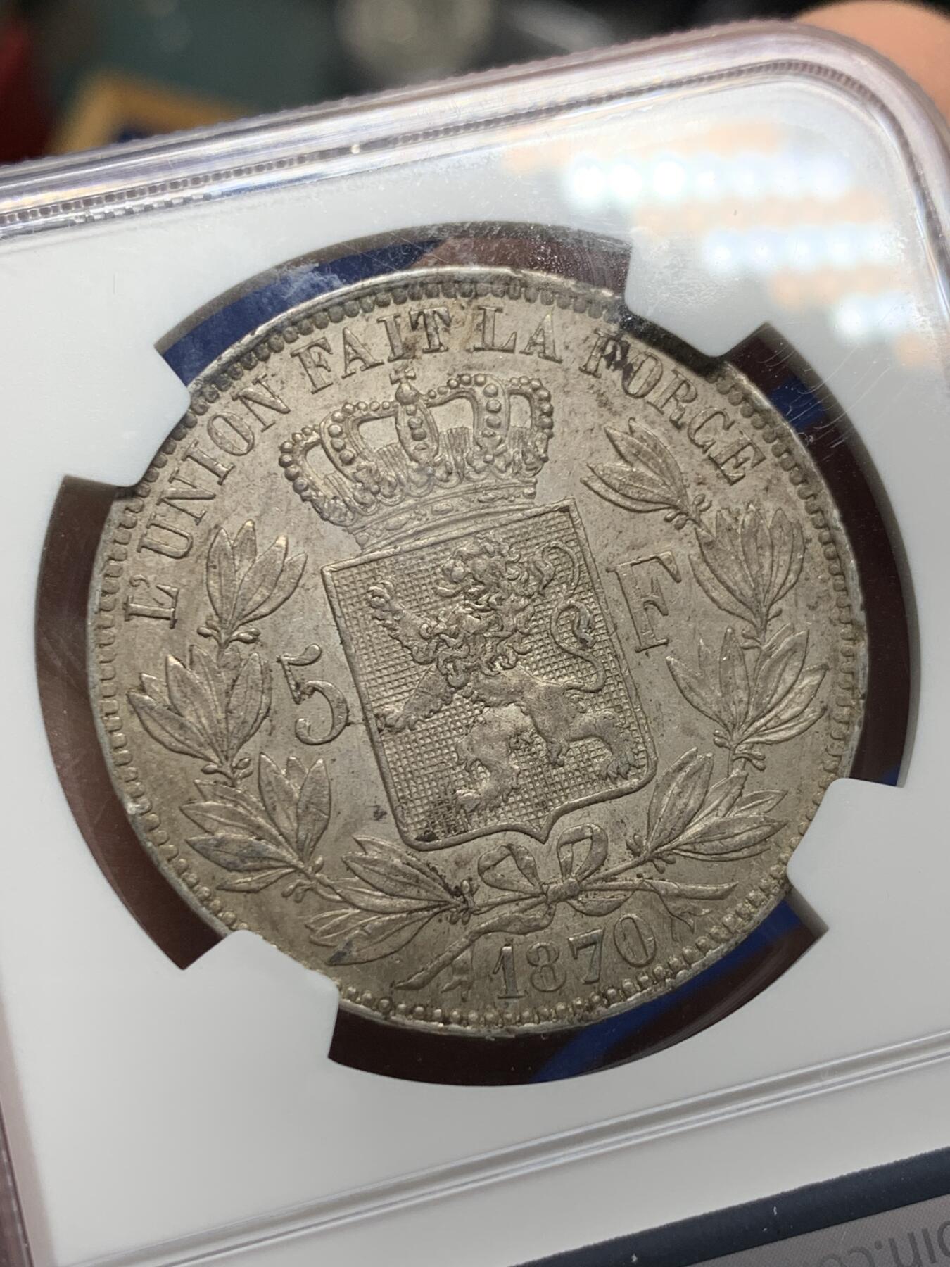 《竞宝斋》第356场 周日，周一  2场连拍 （全场包邮） NGC MS62 比利时1870年利奥波德二世5法郎银币 上MS62的现在也很少见了，年份也不错。