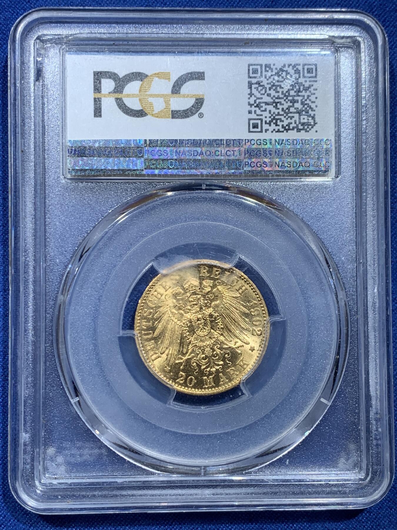 《竞宝斋》第356场 周日，周一  2场连拍 （全场包邮） PCGS AU58 德国1902年普鲁士威廉二世国王长翅20马克金币 7.965克 痕迹柔和 非常漂亮