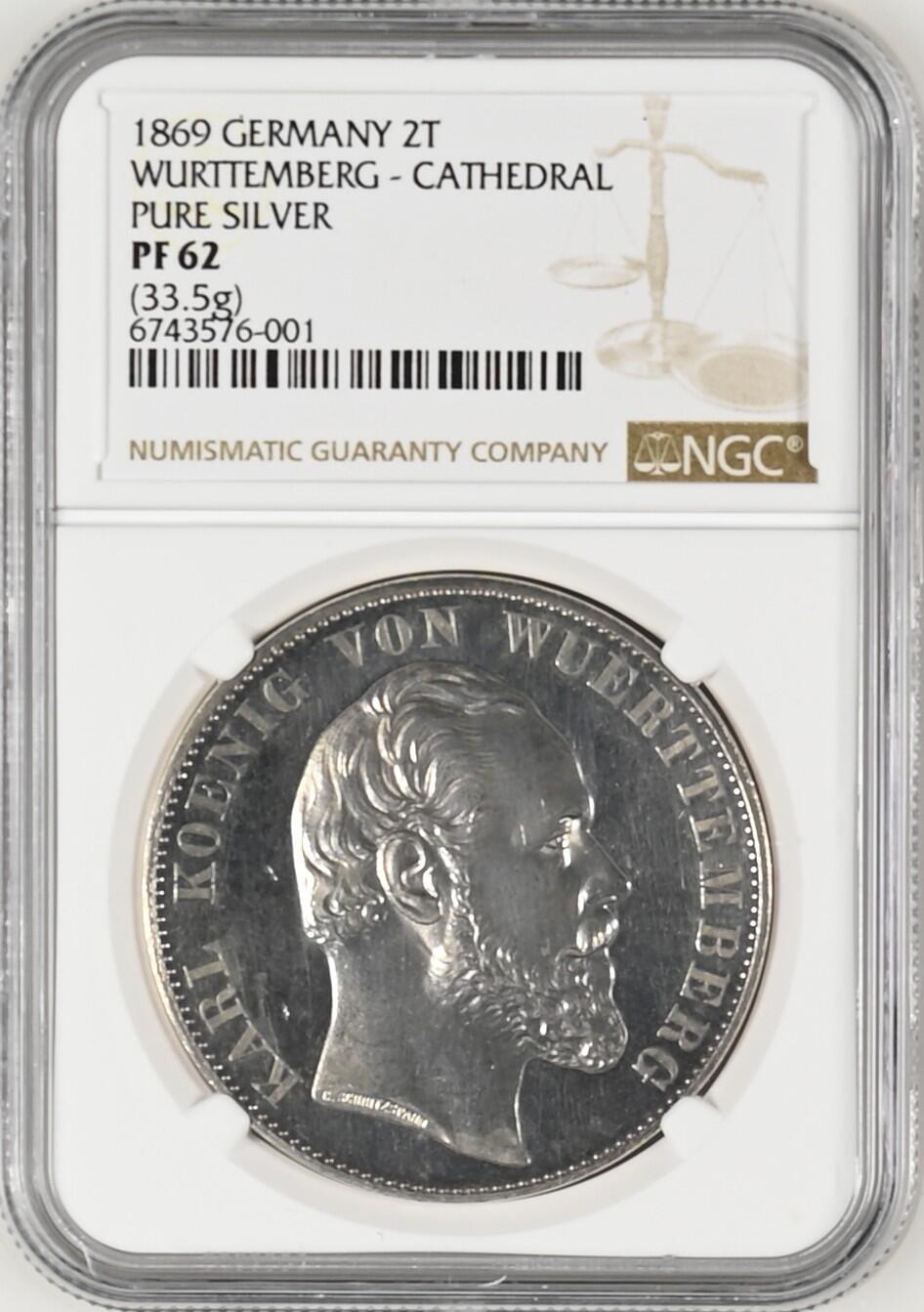 《竞宝斋》第356场 周日，周一  2场连拍 （全场包邮） PCGS-PR62（纯银版）德国符腾堡1869年2泰勒乌尔姆教堂大银币。1869年纯银精制版发行量为80枚，此币重量33.5克，是69年ngc冠军分，由于喜欢PCGS外观所以换盒、但遗憾是PCGS对于教堂没有专门的纯银标注，所以保留NGC标签，附NGC记录