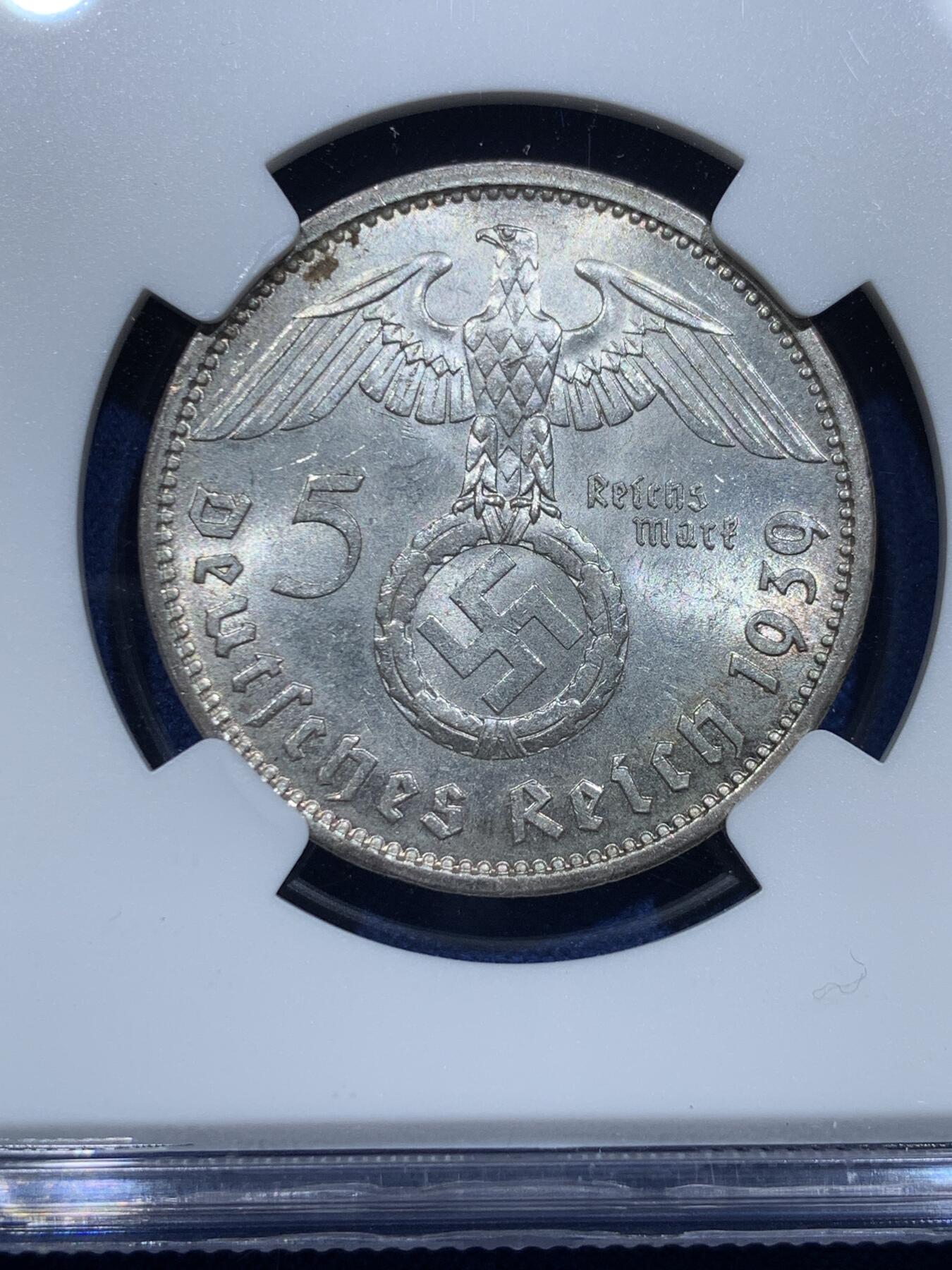 《竞宝斋》第356场 周日，周一  2场连拍 （全场包邮） NGC MS61 德国1939年A版兴登堡5马克银币 人像面霓虹彩 非常漂亮