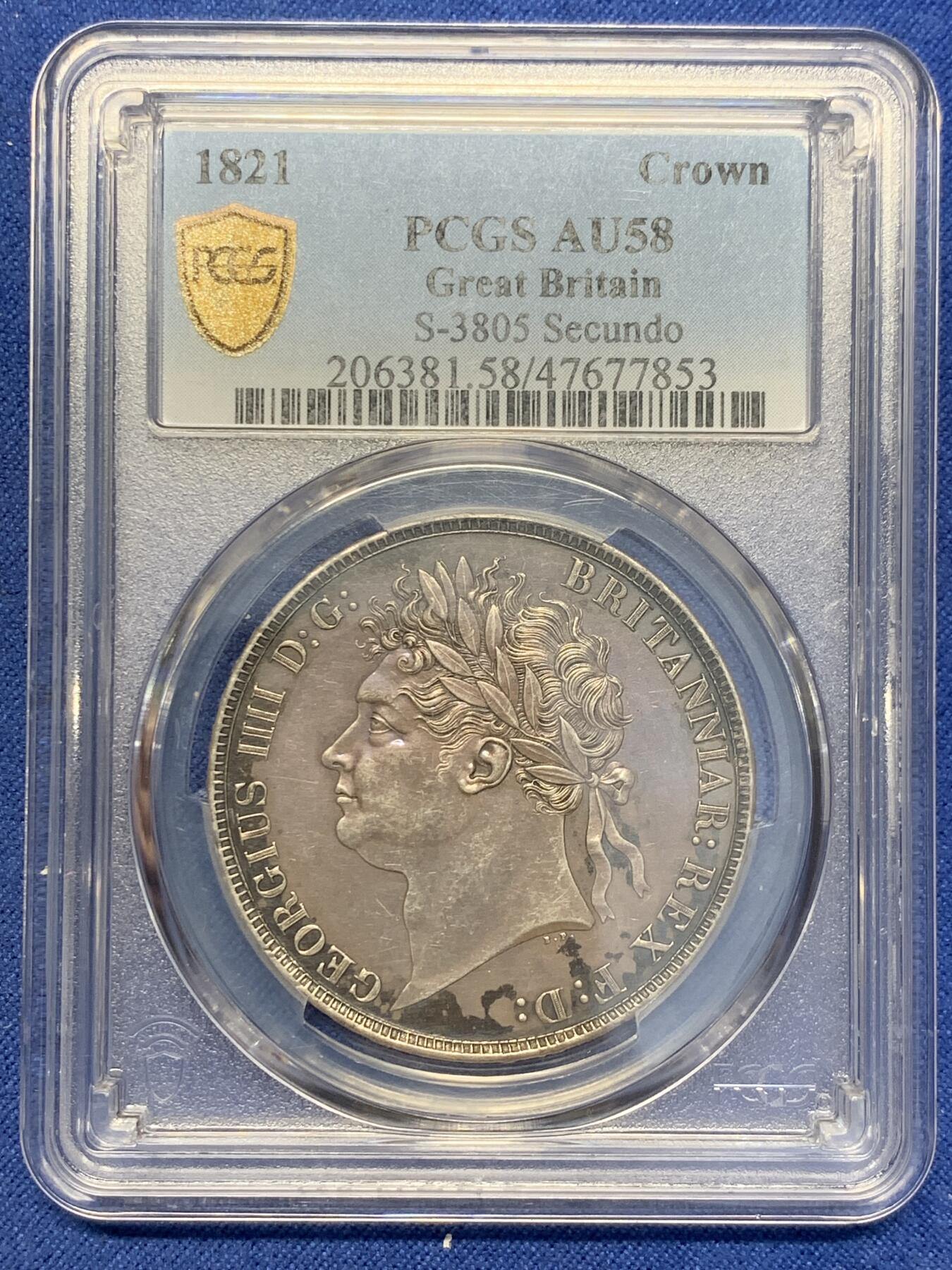 《竞宝斋》第356场 周日，周一  2场连拍 （全场包邮） PCGS AU58 英国乔治四世马剑克朗银币 紫黑色包浆 细节很不错 基本无磨损 包浆较厚才给了58 如果犹豫BU级的高价格 这颗58绝对是好选择