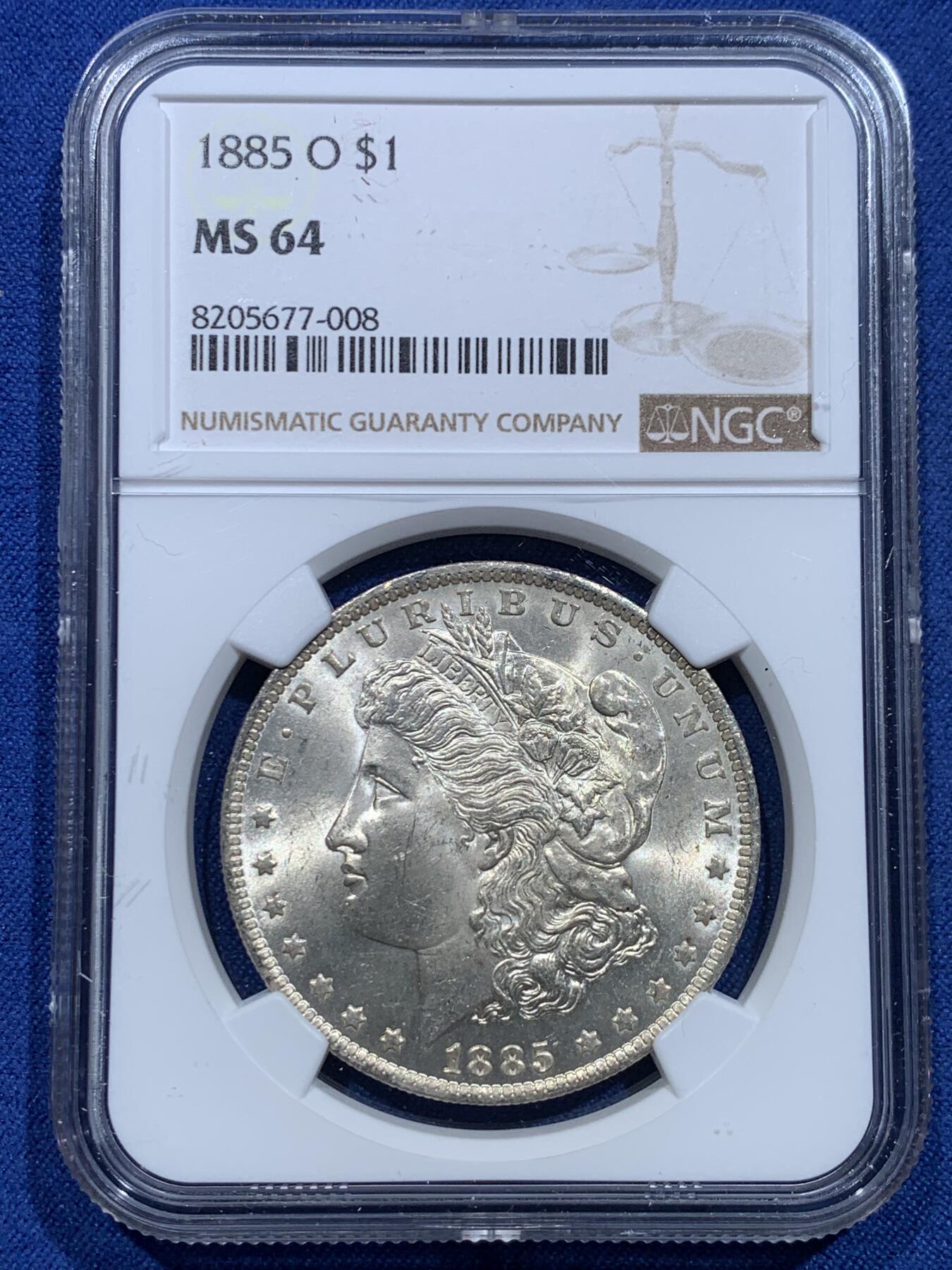 《竞宝斋》第356场 周日，周一  2场连拍 （全场包邮） NGC MS64  美国 1885年O版 摩根1美圆银币