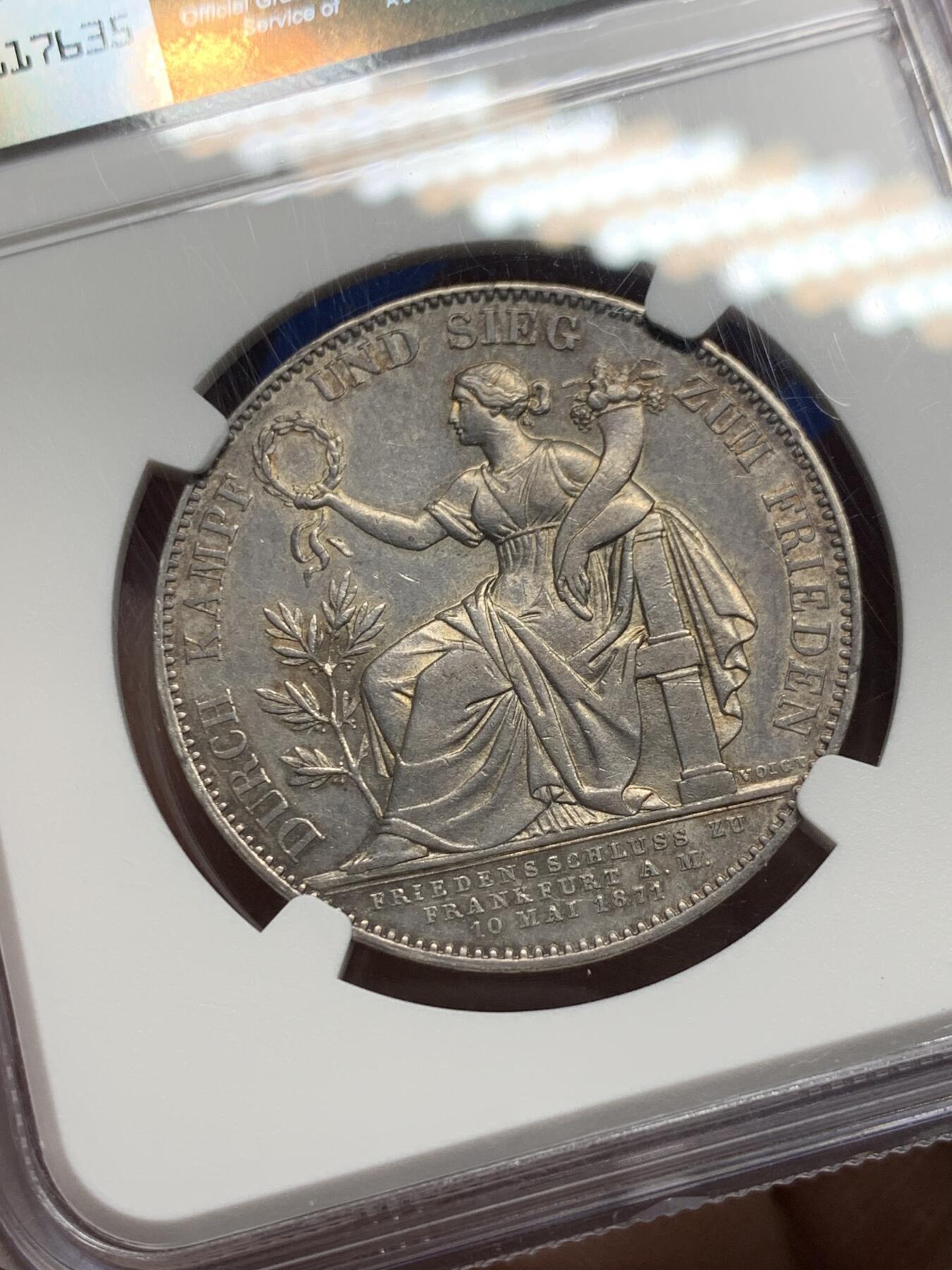 《竞宝斋》第356场 周日，周一  2场连拍 （全场包邮） NGC AU58 德国1871年巴伐利亚胜利泰勒，币面细节不错，NGC上海严评。