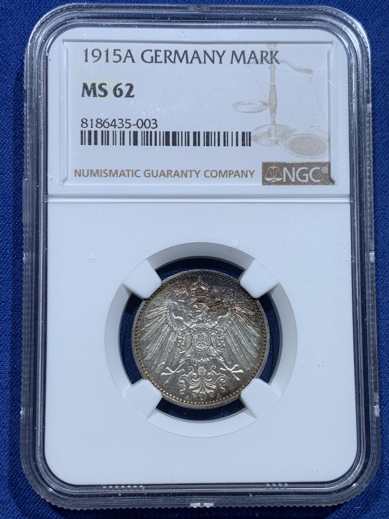 《竞宝斋》第356场 周日，周一  2场连拍 （全场包邮） NGC MS62 德国1915年1马克 双面环绕淡彩十分美丽