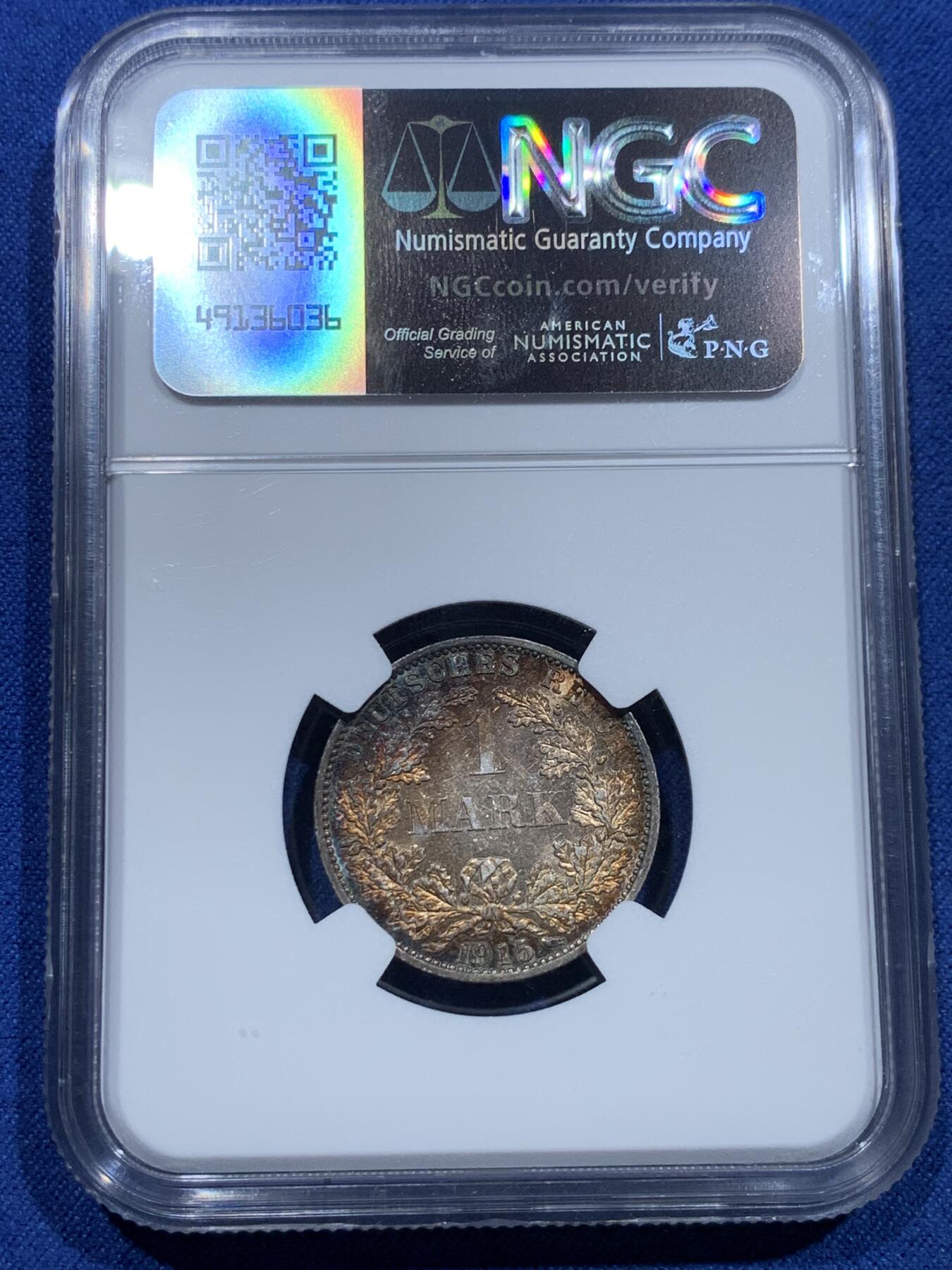 《竞宝斋》第356场 周日，周一  2场连拍 （全场包邮） NGC MS62 德国1915年1马克 双面环绕淡彩十分美丽