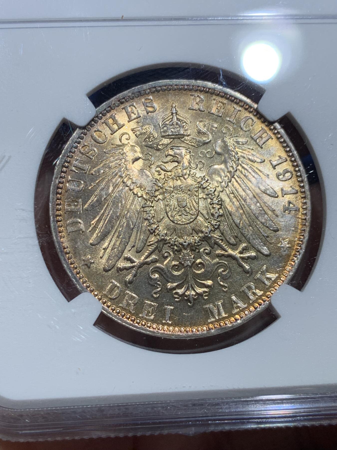 《竞宝斋》第356场 周日，周一  2场连拍 （全场包邮） NGC MS62 德国巴伐利亚1914年路德维希3马克银币
