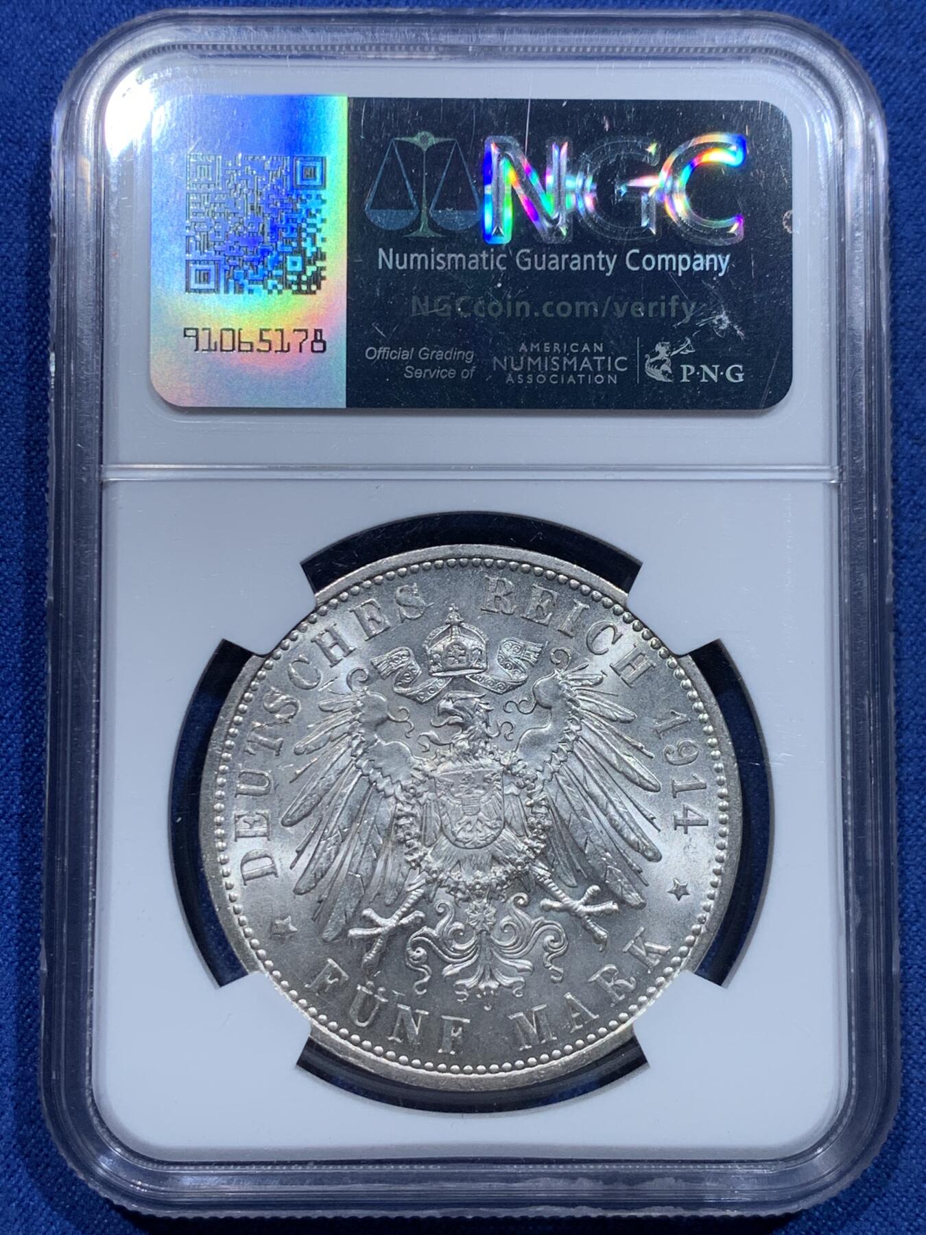 《竞宝斋》第356场 周日，周一  2场连拍 （全场包邮） NGC MS62 德国 1914年 威廉二世5马克银币（一战开打年份，威二的关门年份比1913少见，底板光洁转光优秀）