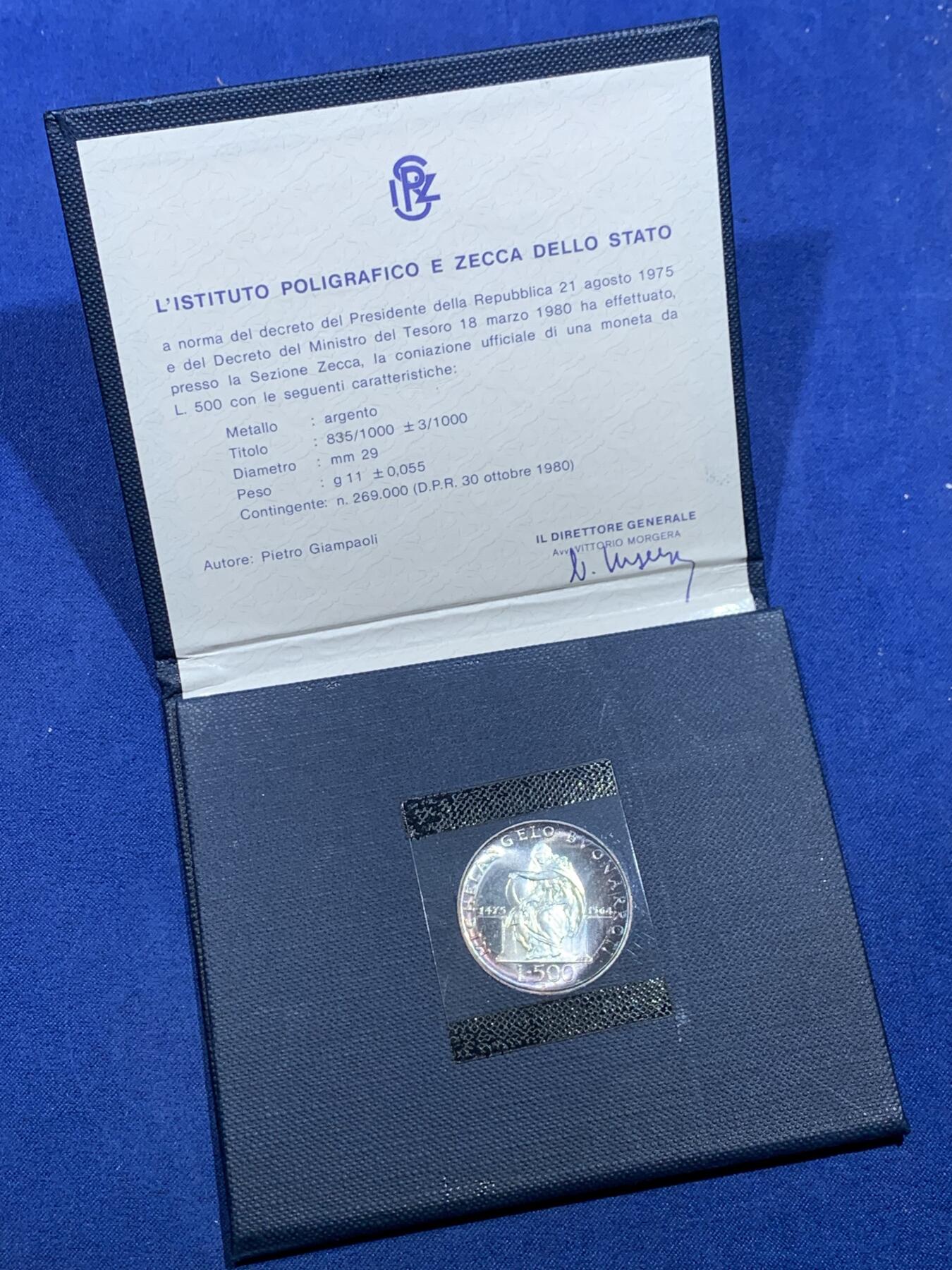 《竞宝斋》第356场 周日，周一  2场连拍 （全场包邮） 卡装 意大利1975年米开朗基罗500里拉银币