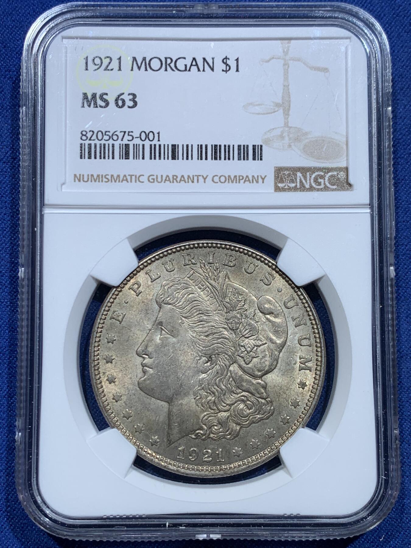 《竞宝斋》第356场 周日，周一  2场连拍 （全场包邮） NGC MS63 美国1921年摩根银币，包浆均匀，BU好品。