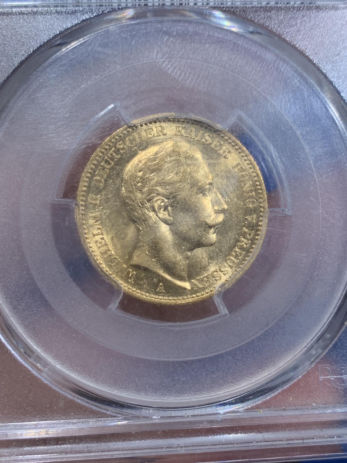 《竞宝斋》第356场 周日，周一  2场连拍 （全场包邮） PCGS AU58 德国1902年普鲁士威廉二世国王长翅20马克金币 7.965克 痕迹柔和 非常漂亮