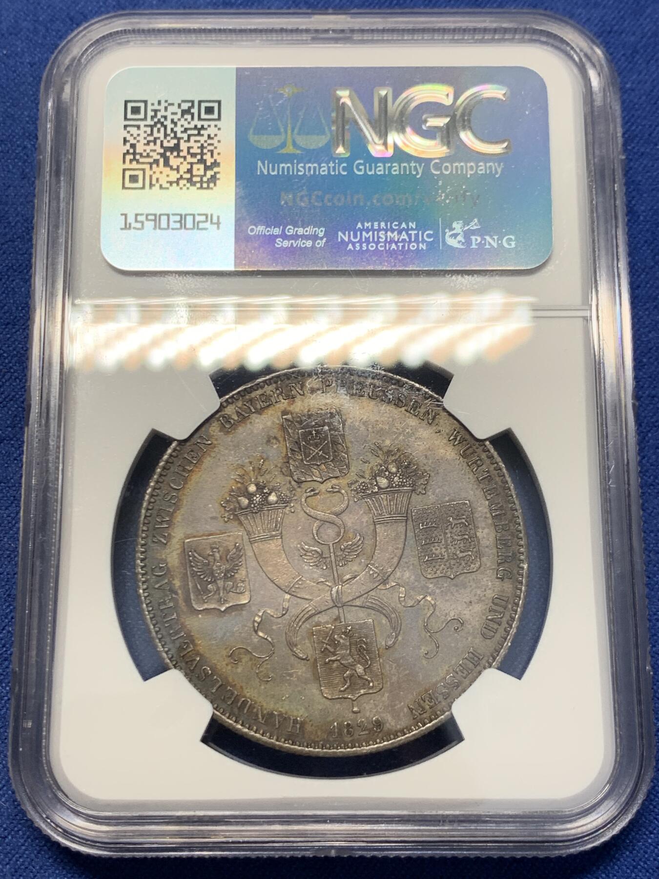 《竞宝斋》第356场 周日，周一  2场连拍 （全场包邮） NGC MS62 德国1829年巴伐利亚商贸条约历史泰勒银币 高分少见品种