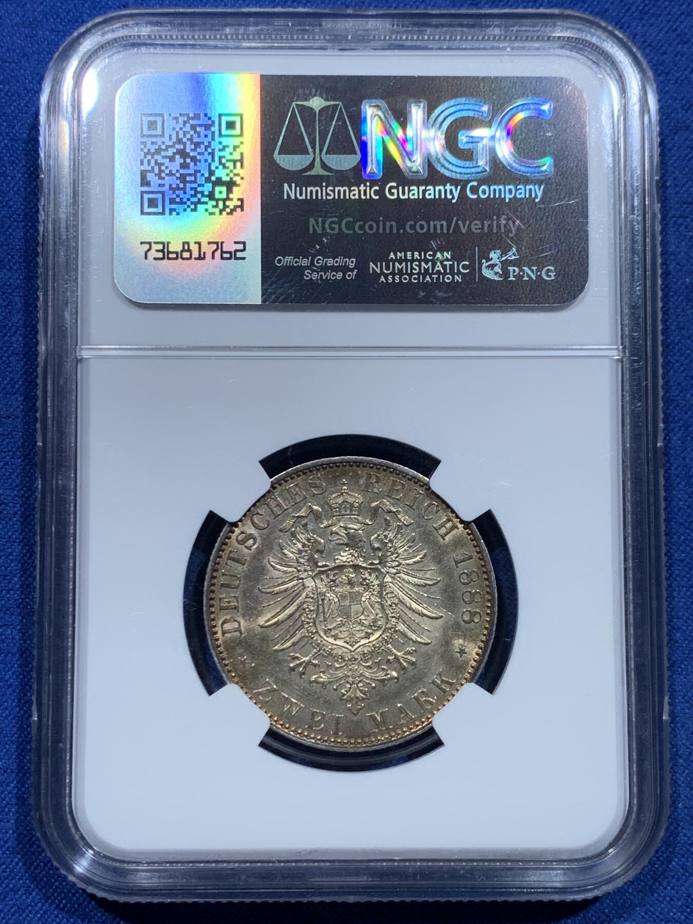 《竞宝斋》第356场 周日，周一  2场连拍 （全场包邮） NGC MS61 德国普鲁士1888年“三皇年”弗里德里希三世短翅鹰2马克银币