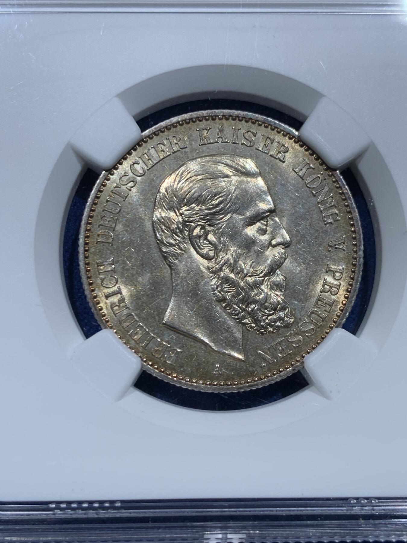 《竞宝斋》第356场 周日，周一  2场连拍 （全场包邮） NGC MS61 德国普鲁士1888年“三皇年”弗里德里希三世短翅鹰2马克银币