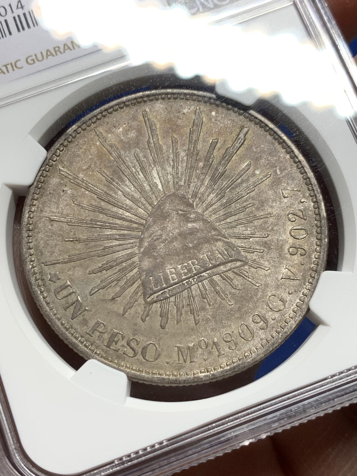 《竞宝斋》第356场 周日，周一  2场连拍 （全场包邮） NGC MS63 墨西哥1909年直边鹰洋 非白币 少见原味高分