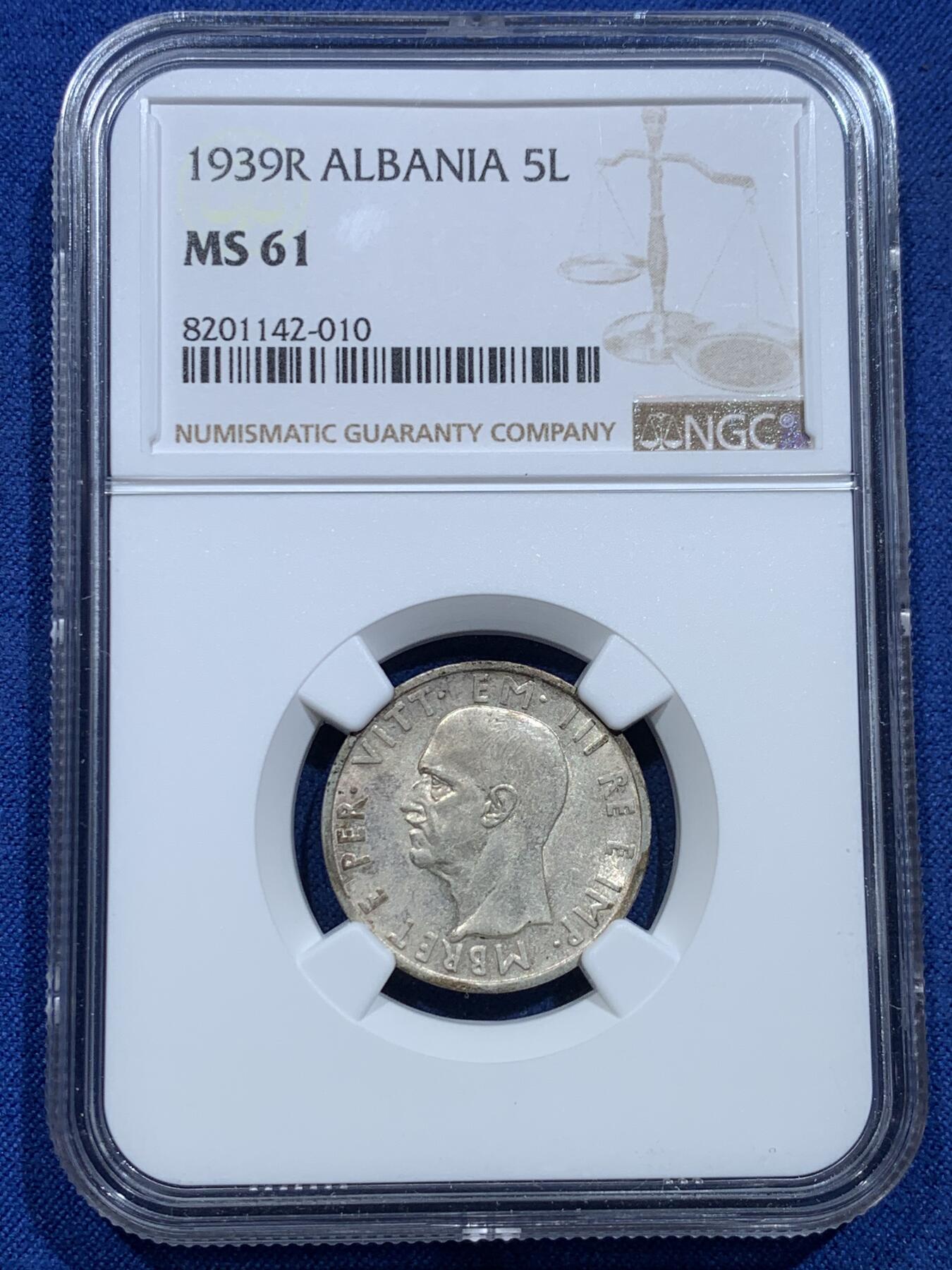 《竞宝斋》第356场 周日，周一  2场连拍 （全场包邮） NGC MS61 意属阿尔巴尼亚1939年5列克银币，经典双头鹰设计，少见的意属殖民地品种。