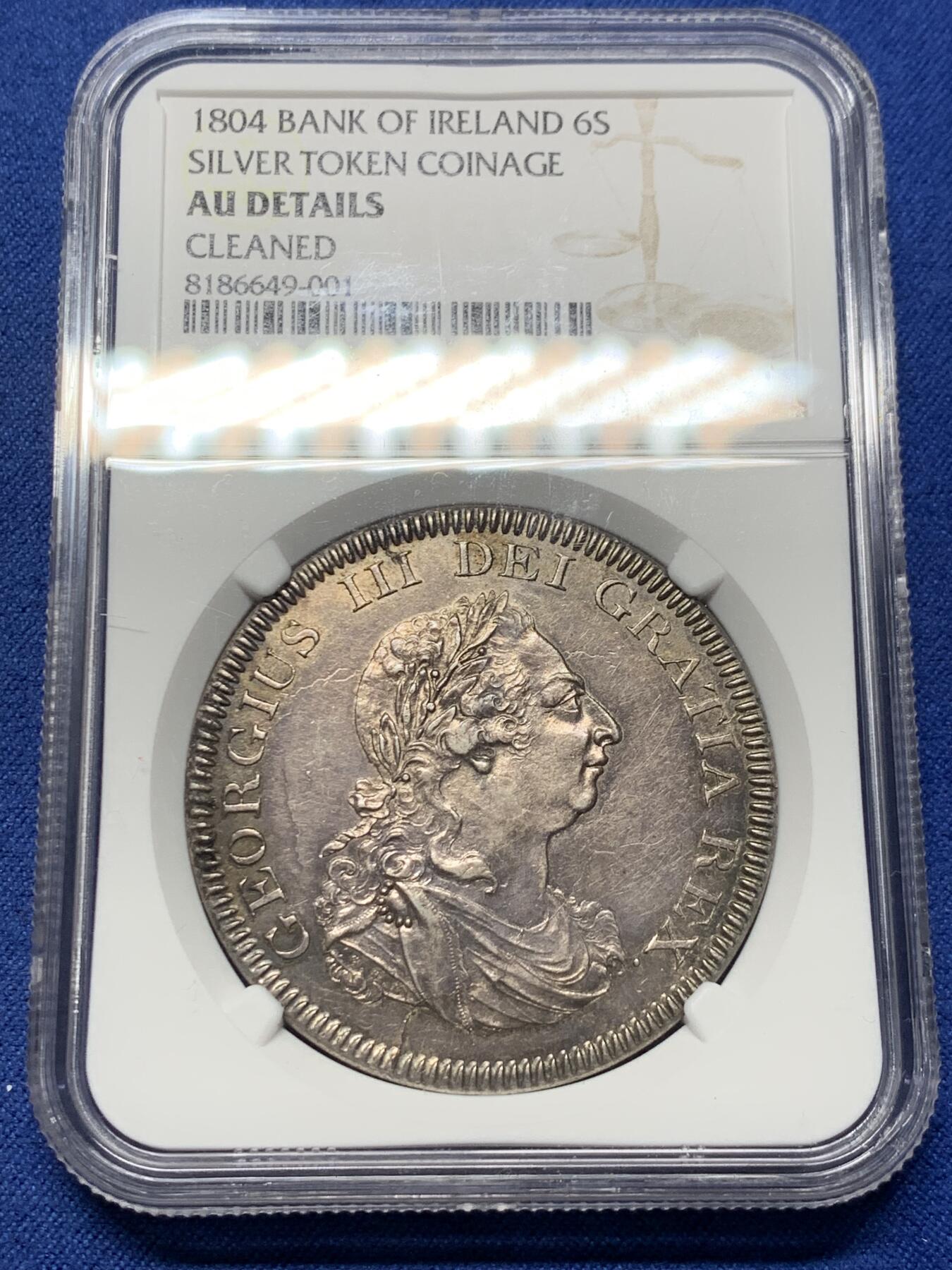 《竞宝斋》第356场 周日，周一  2场连拍 （全场包邮） NGC AUD 英国1804乔治三世爱尔兰银行6先令银质代币 非常少见的爱尔兰版本