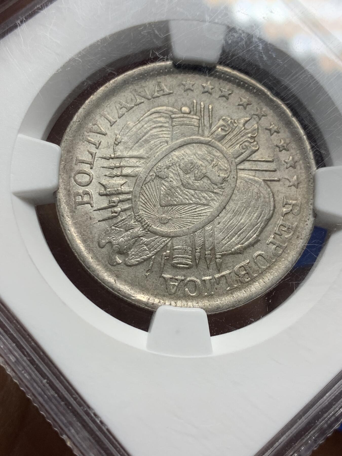《竞宝斋》第356场 周日，周一  2场连拍 （全场包邮） NGC UNC DETAILS 玻利维亚1898年50分CB版银币
