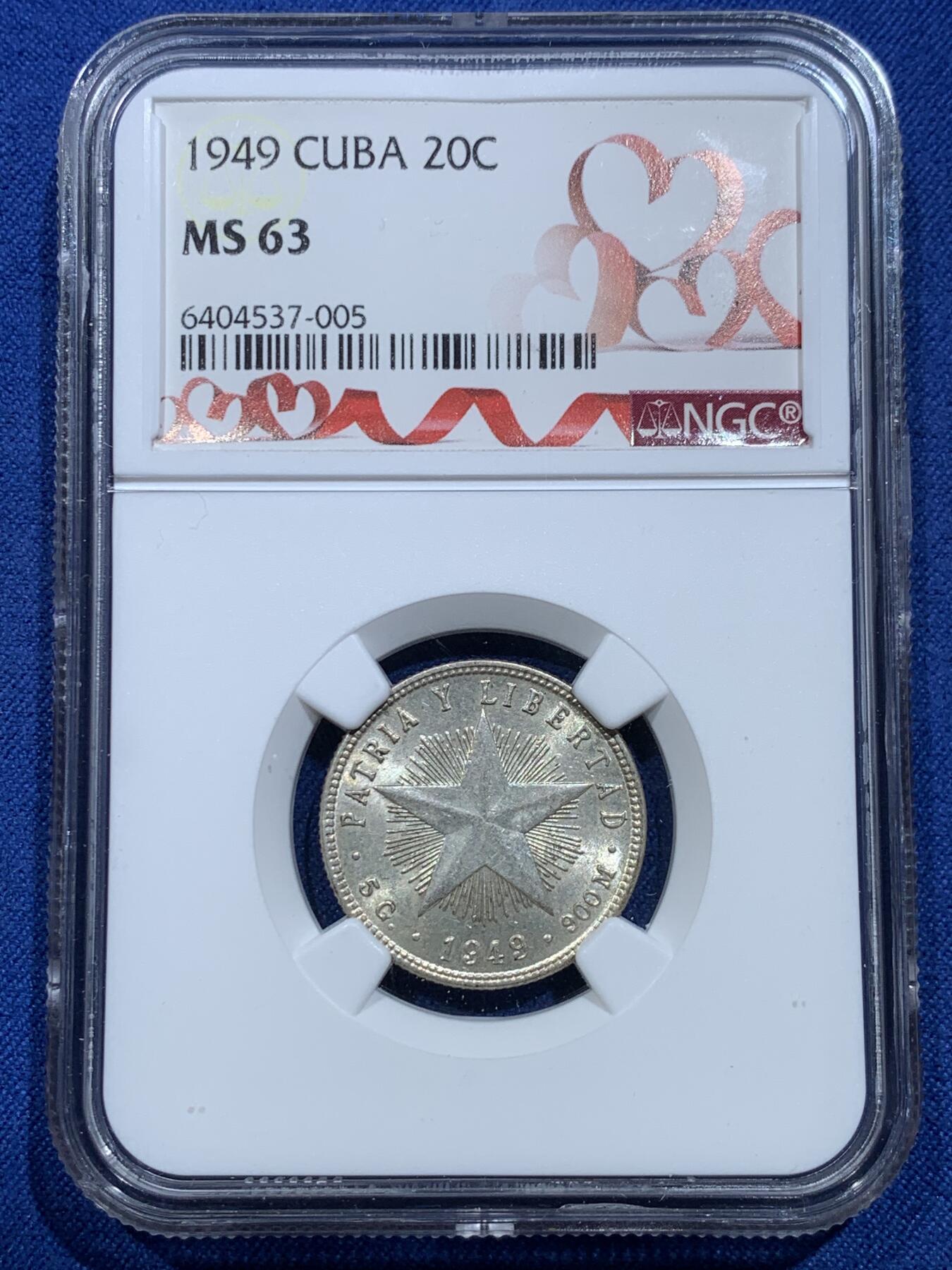 《竞宝斋》第356场 周日，周一  2场连拍 （全场包邮） NGC MS63 古巴 1949年 五星 20分 银币