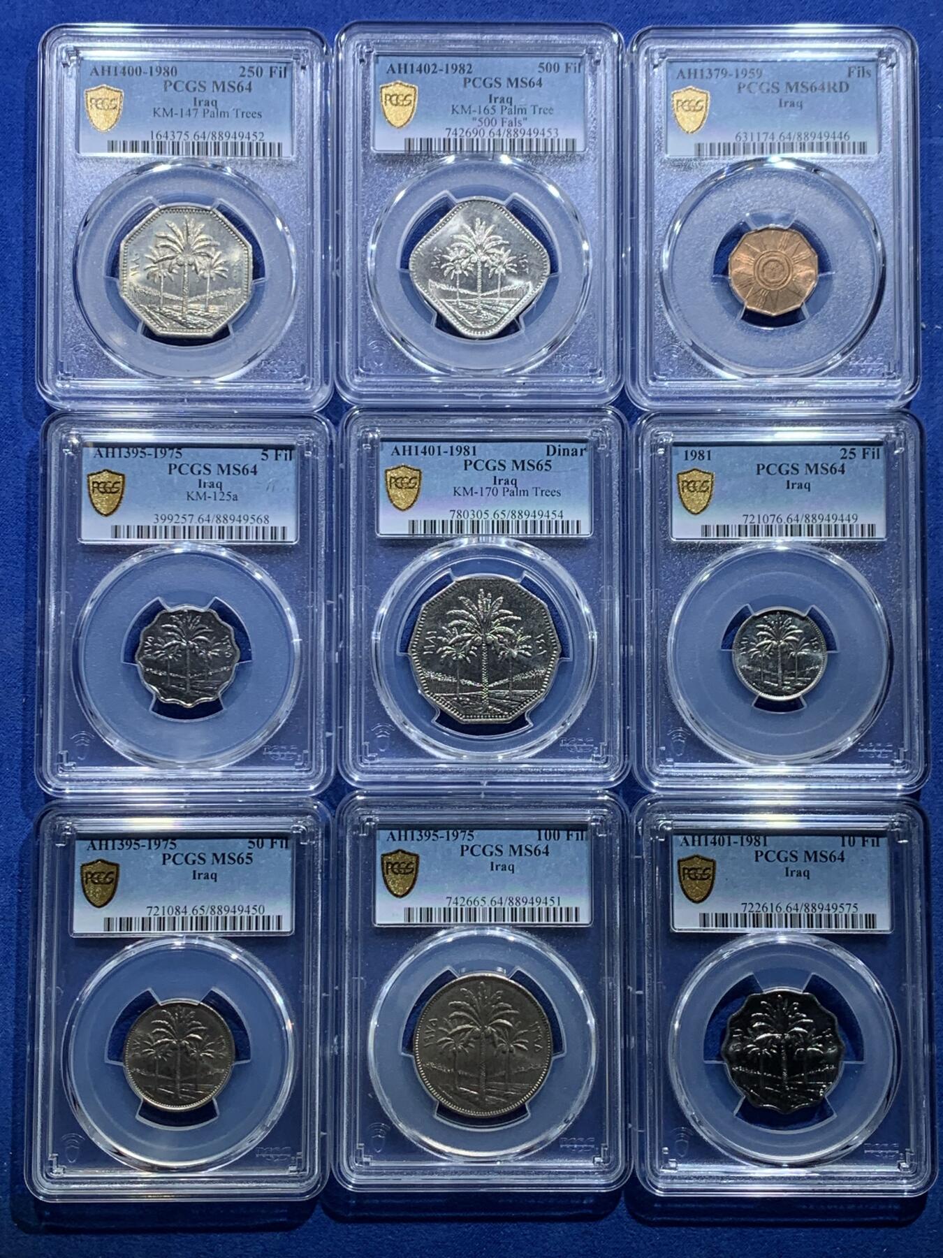《竞宝斋》第356场 周日，周一  2场连拍 （全场包邮） 9枚一组 PCGS MS64-65 伊拉克椰树版全套，萨达姆时期流通套币，1,5,10,25,50,100,250,500费尔，1第纳尔9枚