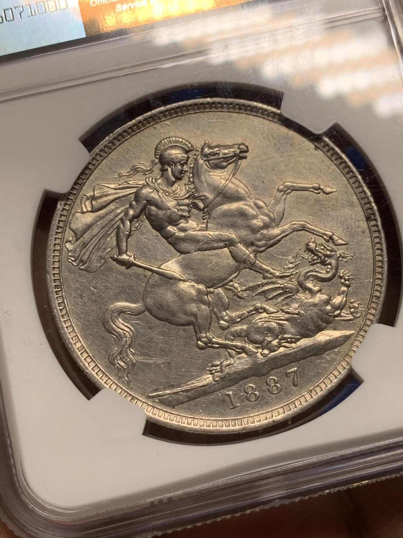 《竞宝斋》第356场 周日，周一  2场连拍 （全场包邮） NGC AUD 英国1887年维多利亚马剑银币，正反面高点俱在，压力感十足。