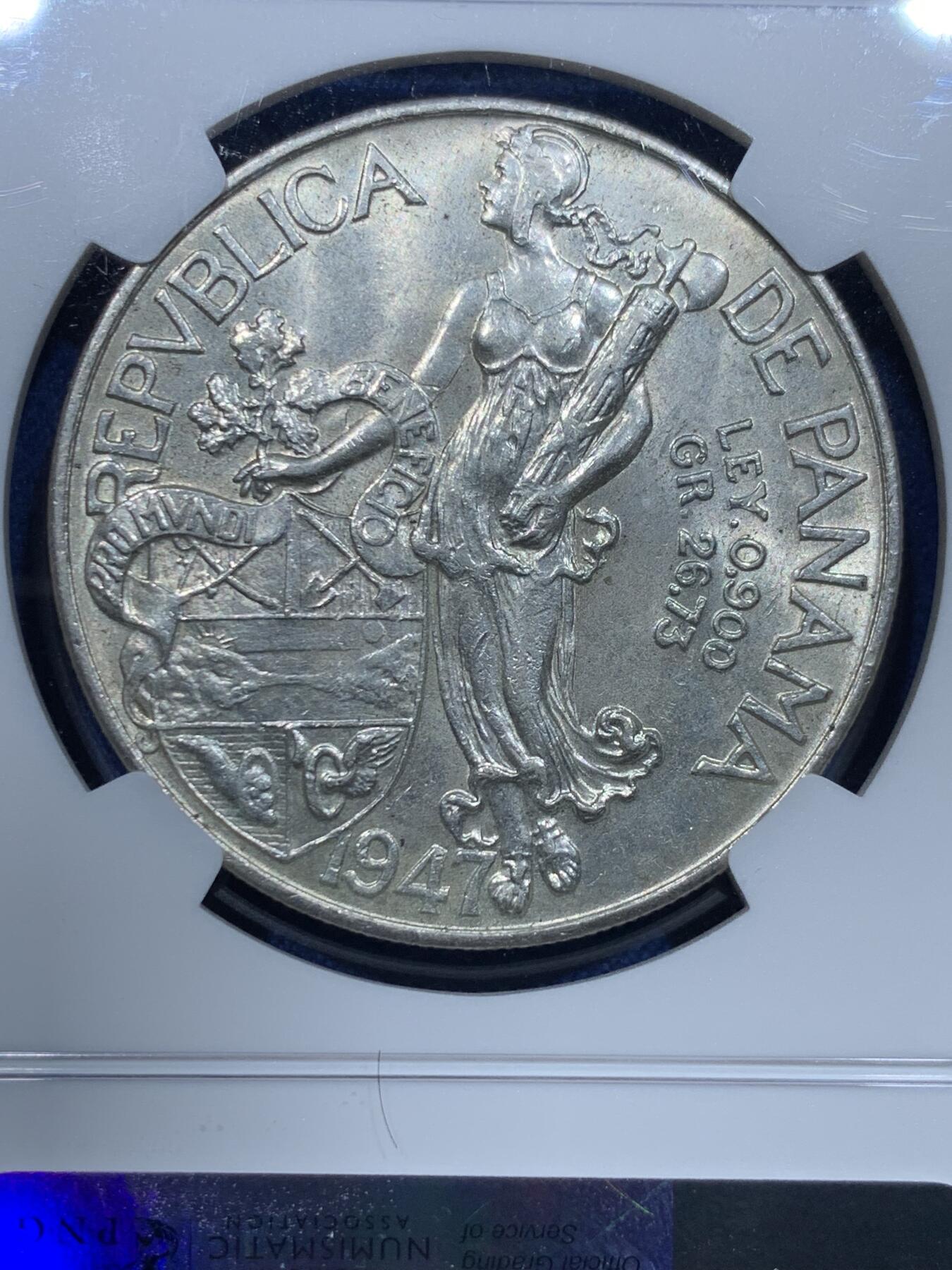 《竞宝斋》第356场 周日，周一  2场连拍 （全场包邮） NGC MS63 巴拿马1947年1巴波亚银币，女神系大主币 状态佳。