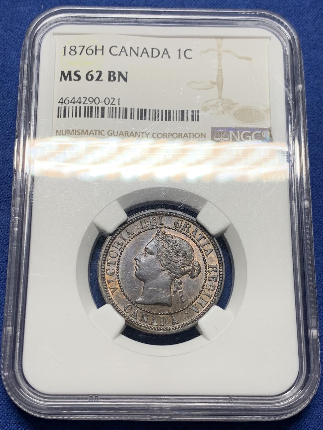 《竞宝斋》第356场 周日，周一  2场连拍 （全场包邮） NGC MS62BN 加拿大1876年维多利亚女王1分铜币，小维头像，早期加拿大不多见。铜光犹存，丝滑巧克力，状态胜过分数
