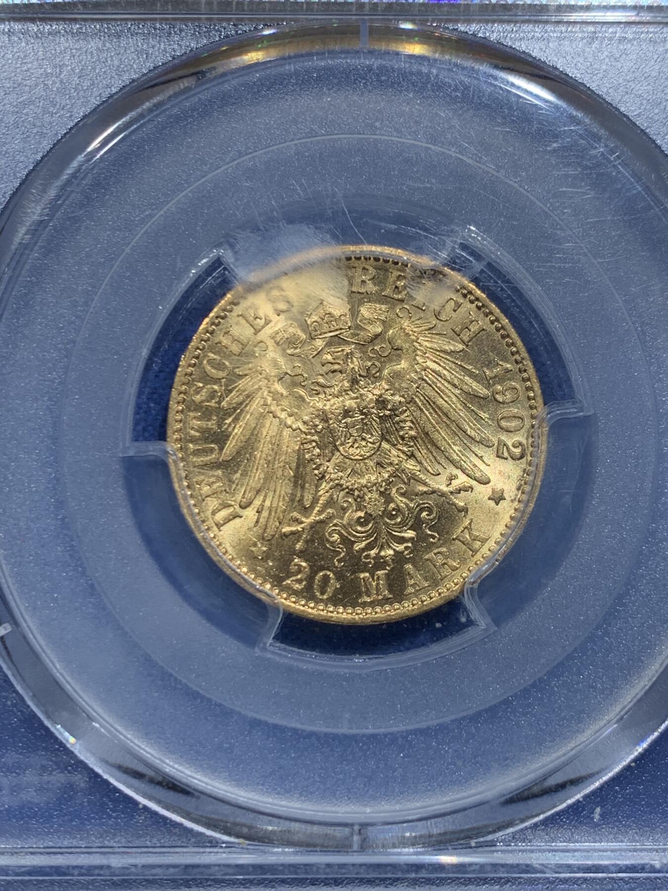 《竞宝斋》第356场 周日，周一  2场连拍 （全场包邮） PCGS AU58 德国1902年普鲁士威廉二世国王长翅20马克金币 7.965克 痕迹柔和 非常漂亮