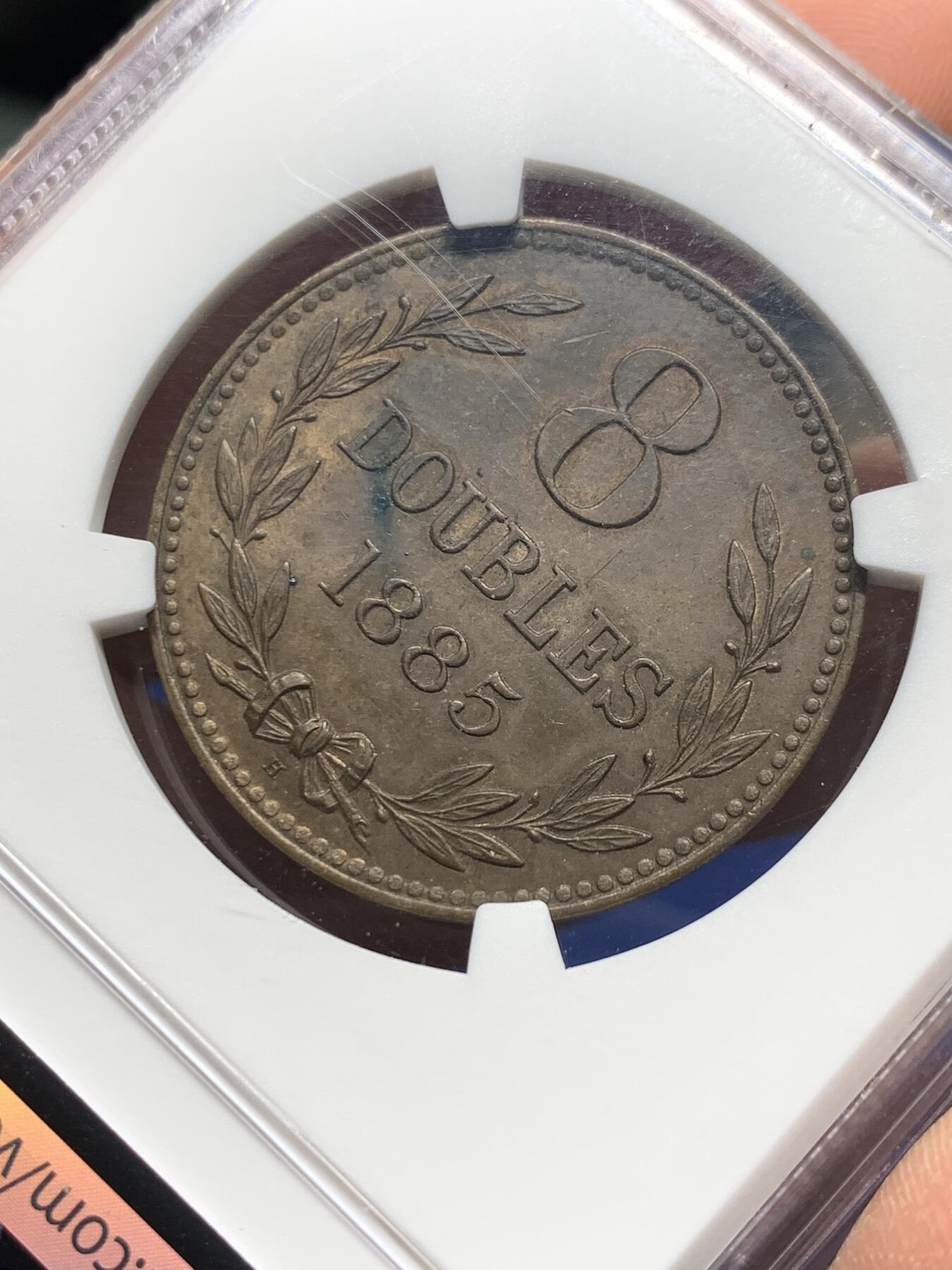 《竞宝斋》第356场 周日，周一  2场连拍 （全场包邮） NGC UNCD 1885H 英属根西8道布大铜币，细节极佳，三狮面部清晰可辨，殊为难得。上海NGC严评。