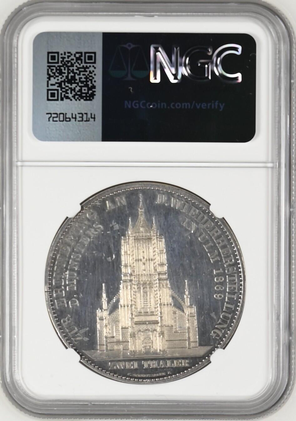 《竞宝斋》第356场 周日，周一  2场连拍 （全场包邮） PCGS-PR62（纯银版）德国符腾堡1869年2泰勒乌尔姆教堂大银币。1869年纯银精制版发行量为80枚，此币重量33.5克，是69年ngc冠军分，由于喜欢PCGS外观所以换盒、但遗憾是PCGS对于教堂没有专门的纯银标注，所以保留NGC标签，附NGC记录