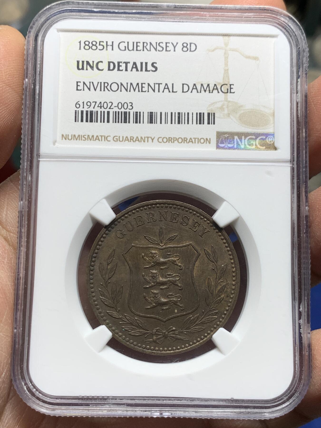 《竞宝斋》第356场 周日，周一  2场连拍 （全场包邮） NGC UNCD 1885H 英属根西8道布大铜币，细节极佳，三狮面部清晰可辨，殊为难得。上海NGC严评。