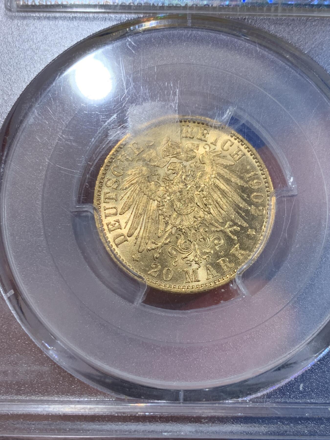 《竞宝斋》第356场 周日，周一  2场连拍 （全场包邮） PCGS AU58 德国1902年普鲁士威廉二世国王长翅20马克金币 7.965克 痕迹柔和 非常漂亮