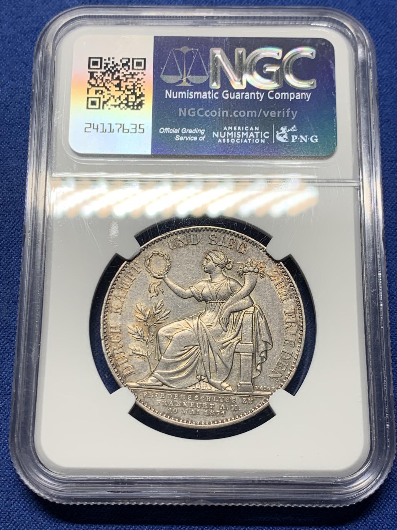 《竞宝斋》第356场 周日，周一  2场连拍 （全场包邮） NGC AU58 德国1871年巴伐利亚胜利泰勒，币面细节不错，NGC上海严评。