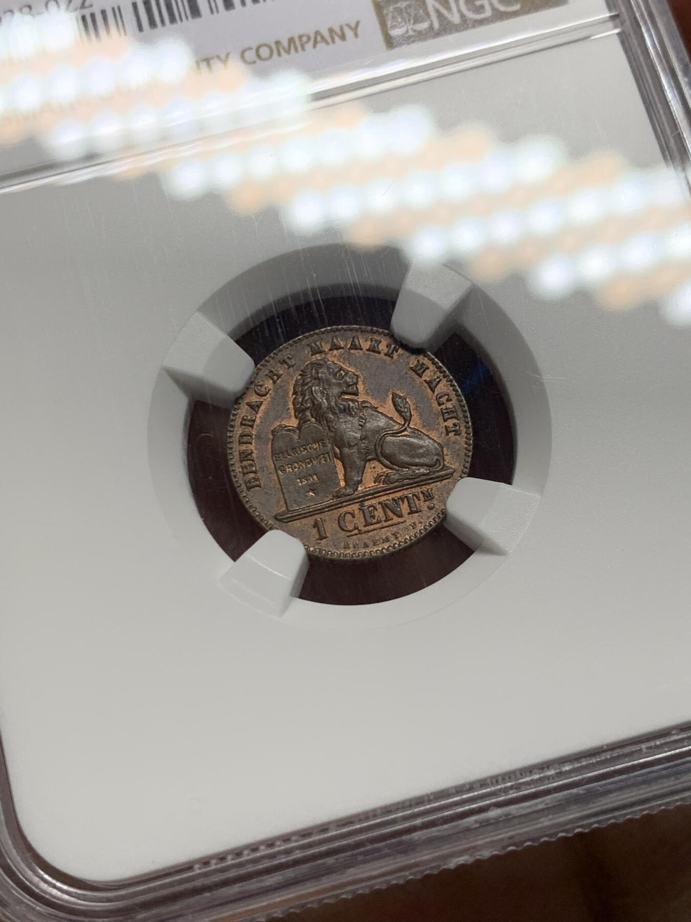 《竞宝斋》第356场 周日，周一  2场连拍 （全场包邮） 冠军分 NGC MS62BN 比利时 1902/1 骑字版 狮子1分 铜币