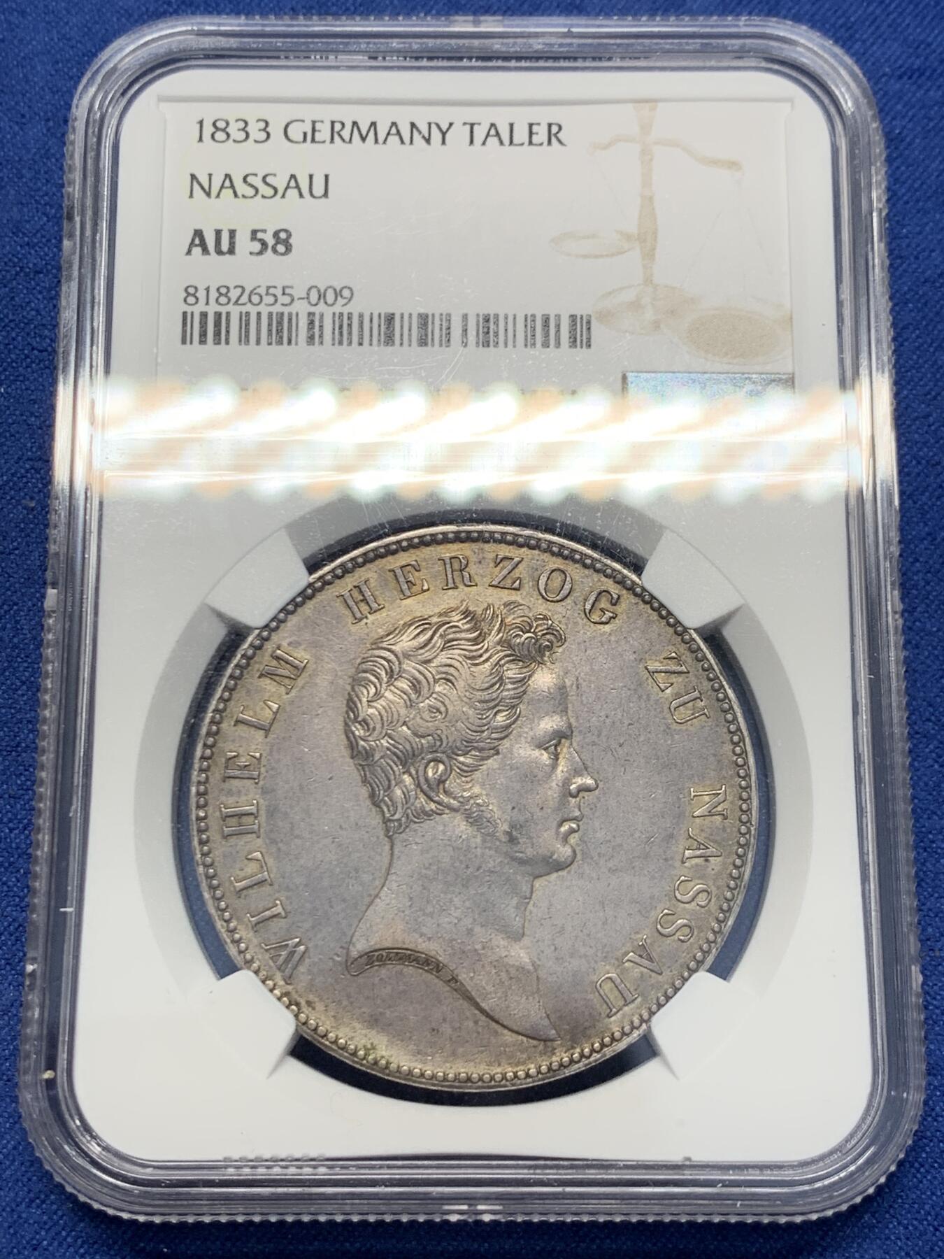 《竞宝斋》第356场 周日，周一  2场连拍 （全场包邮） NGC AU58 德国 1833 拿骚 威廉 泰勒 大银币 稀缺品种 原味包浆